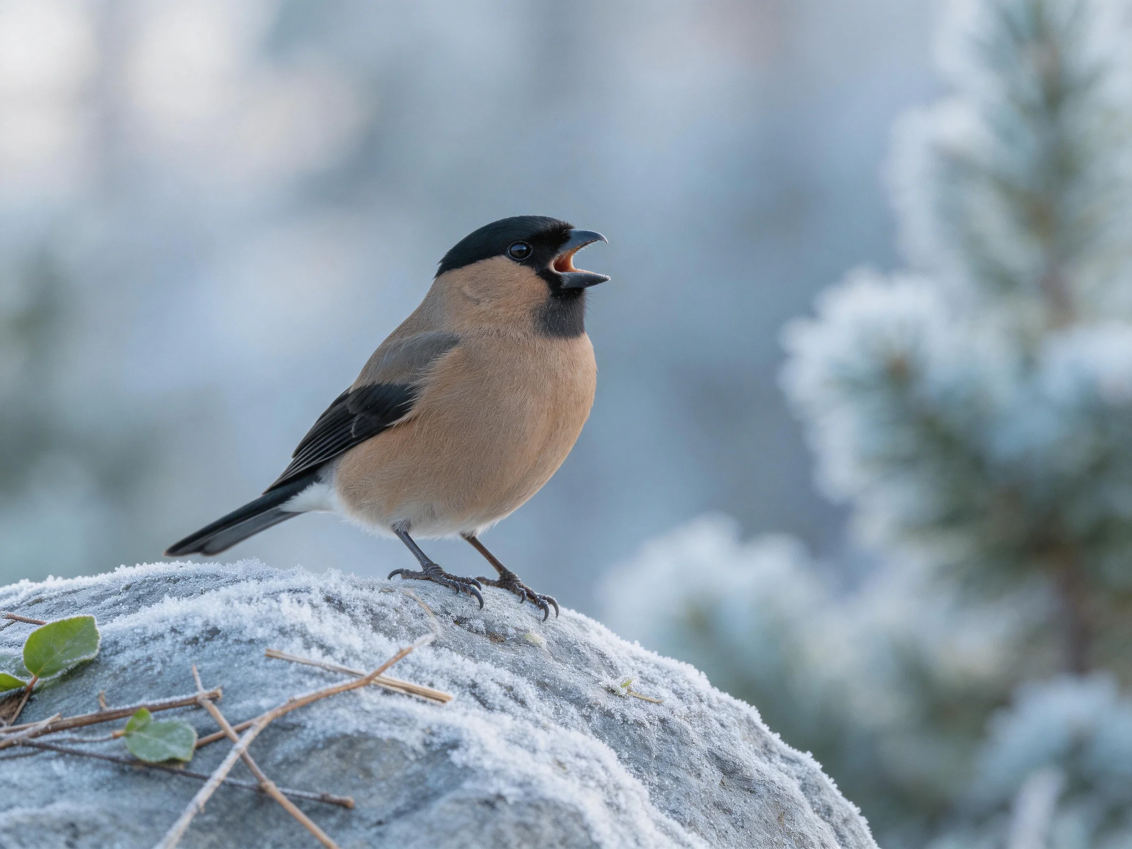 A bullfinch with black cap perches on frost-covered rock amid wintry landscape