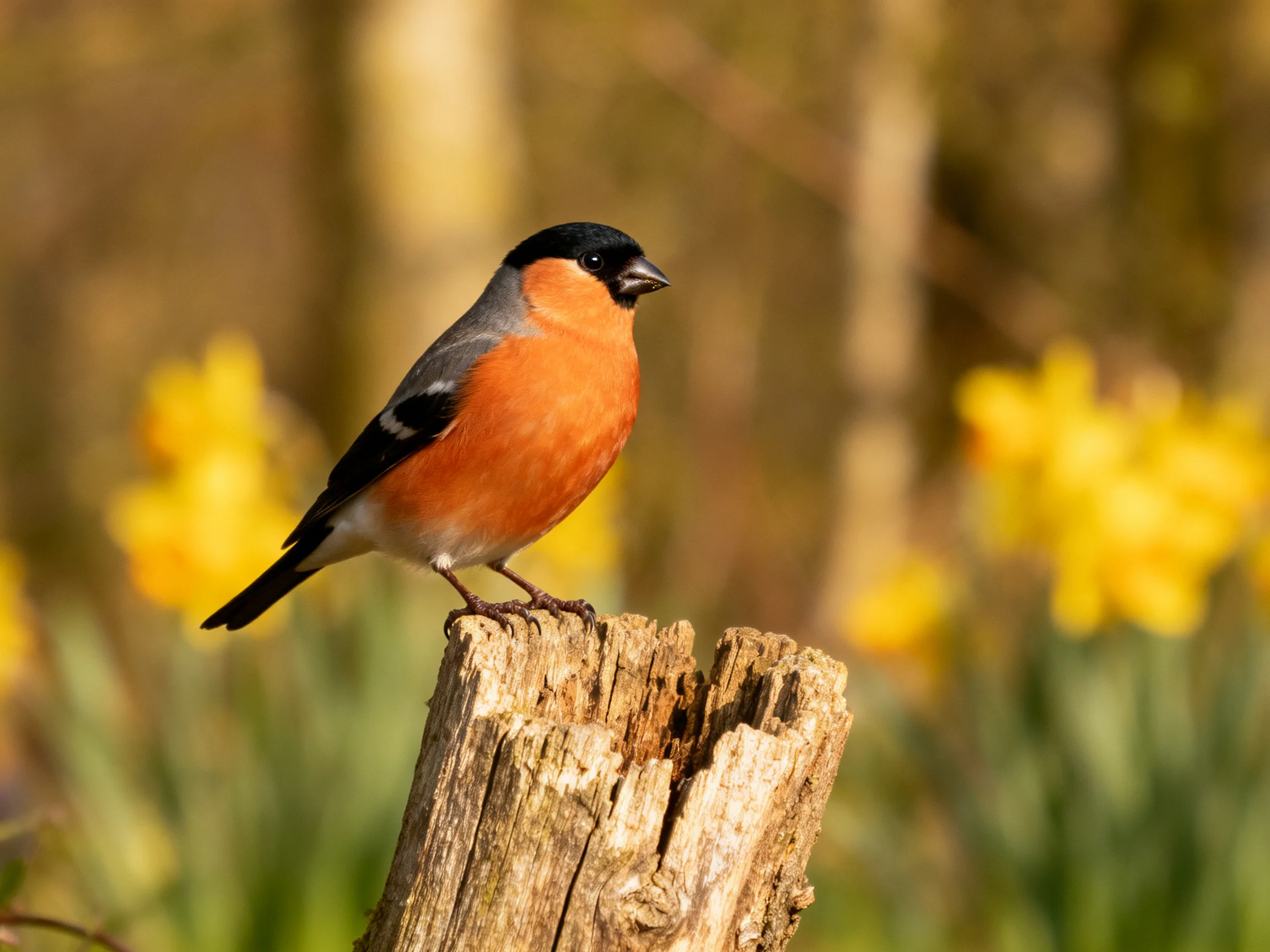 A bullfinch with black, orange, and gray plumage perches on a weathered wooden stump