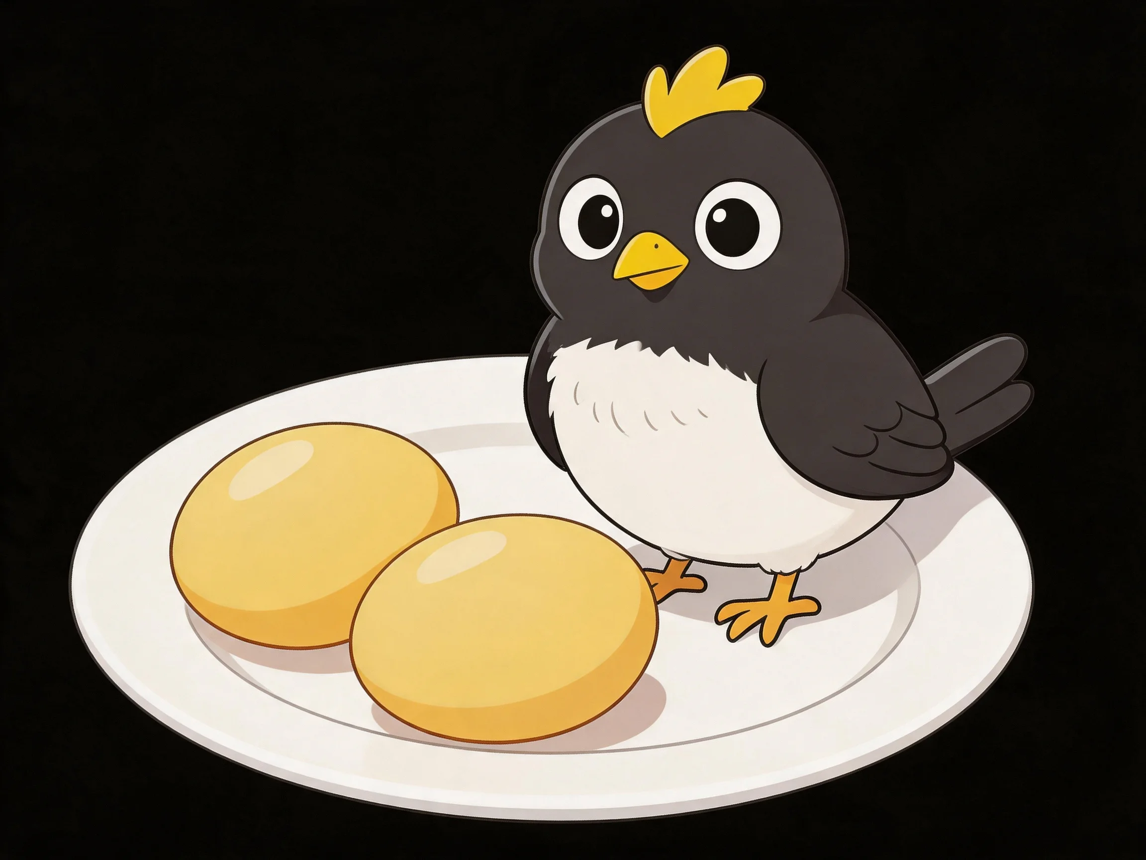 A cartoon bird with black and white feathers stands beside two round yellow pastries