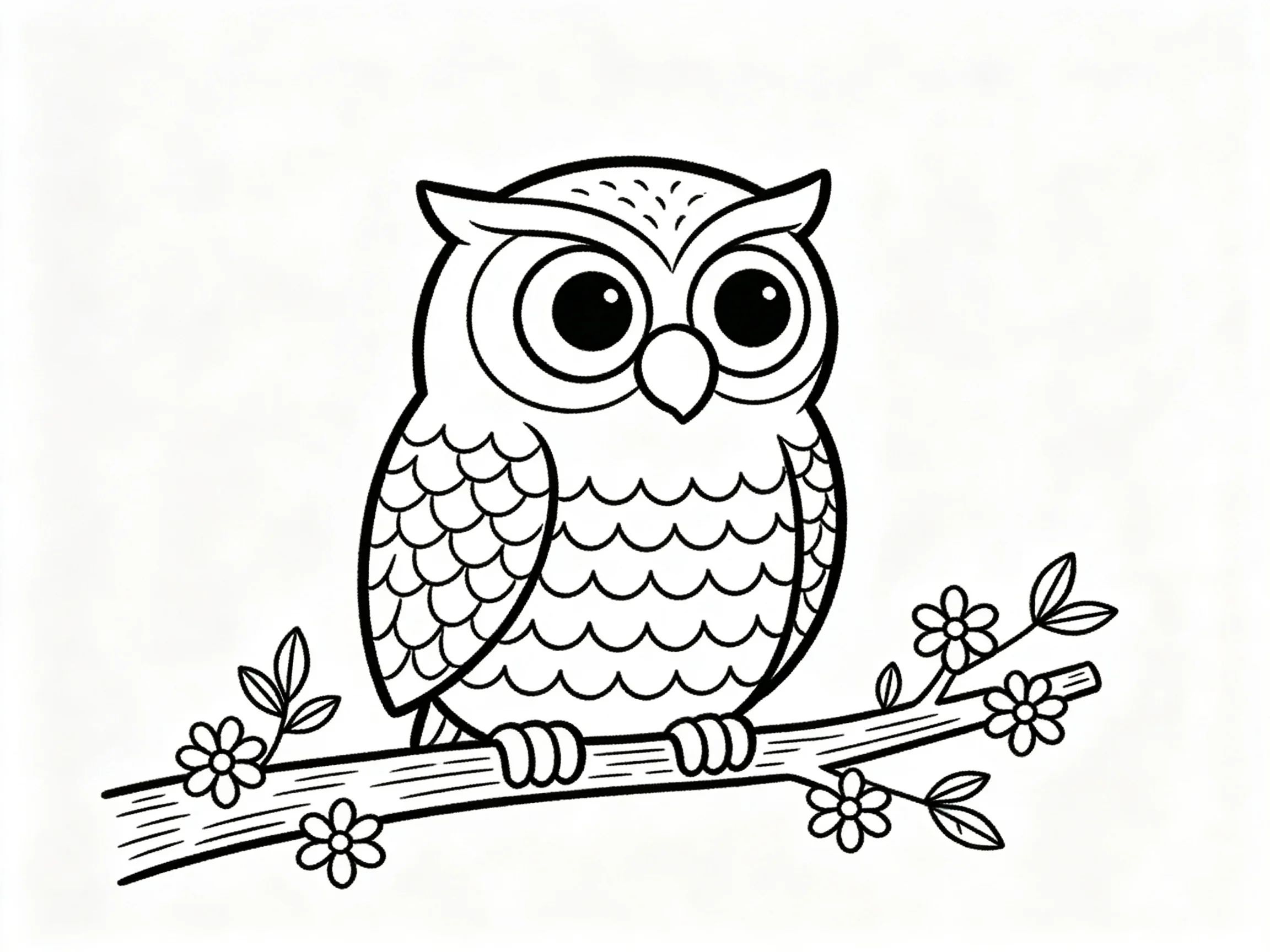 A cartoon owl with large eyes perches on a flower-decorated branch