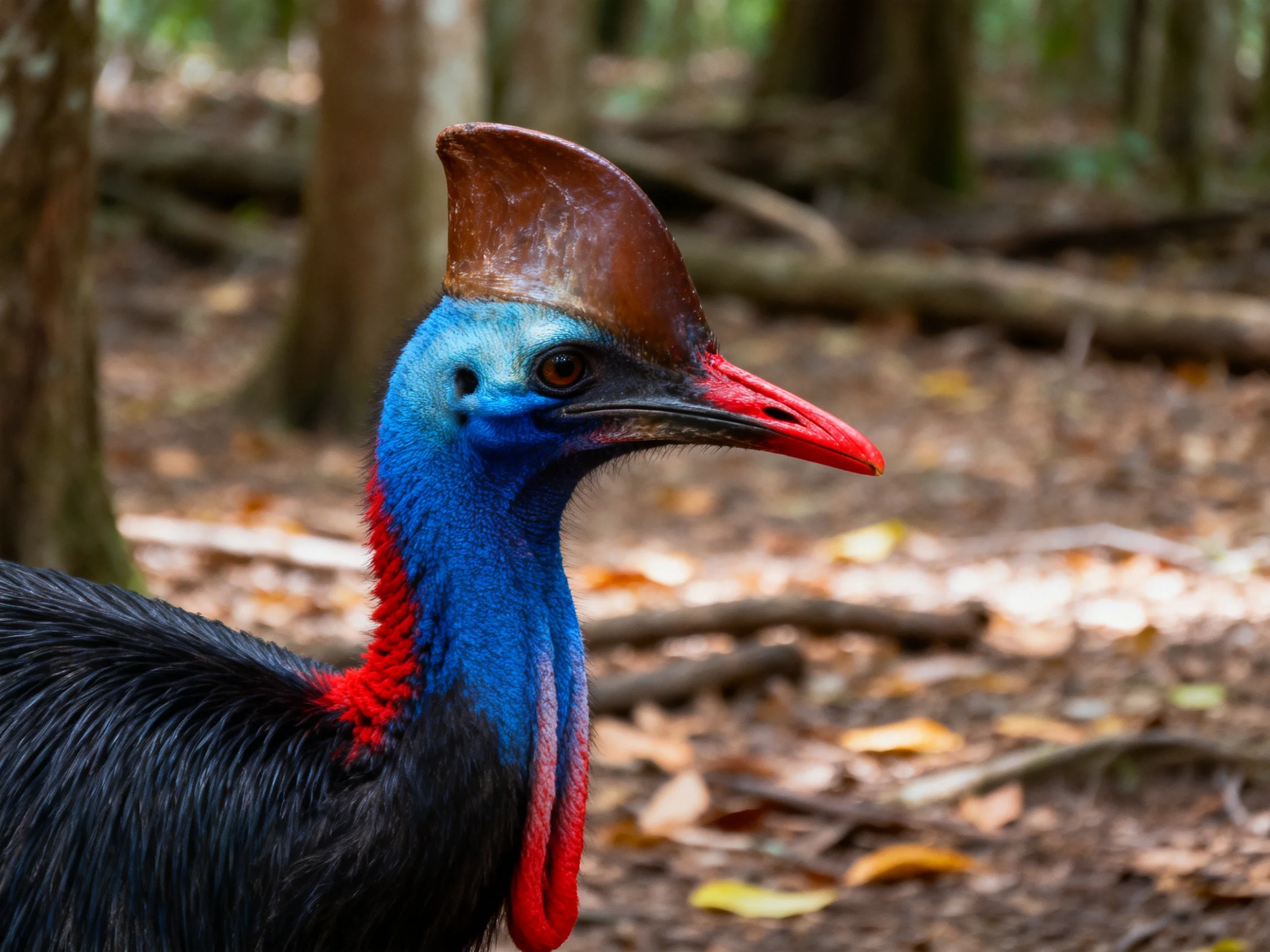 A cassowary with colorful plumage stands in a forest.