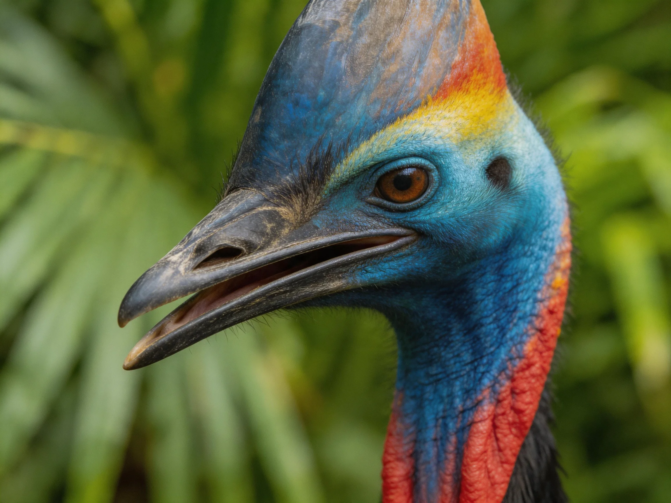 Close - up of a cassowary with brightly colored head feathers.