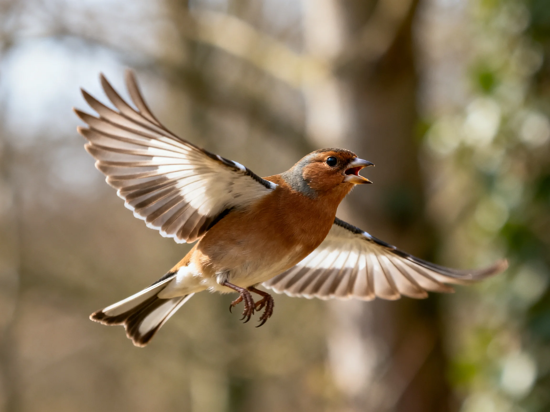 A chaffinch in flight with wings spread wide