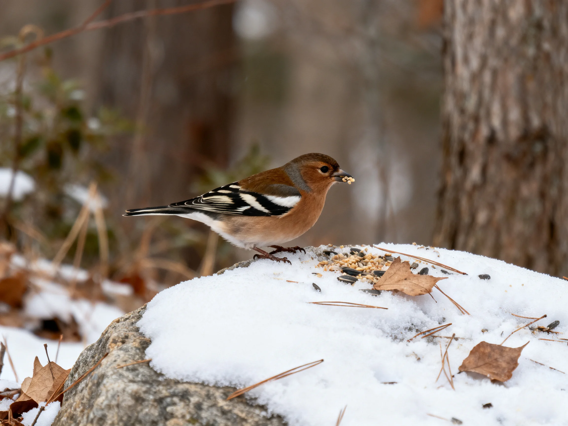 A chaffinch perched on a snowy rock with scattered seeds