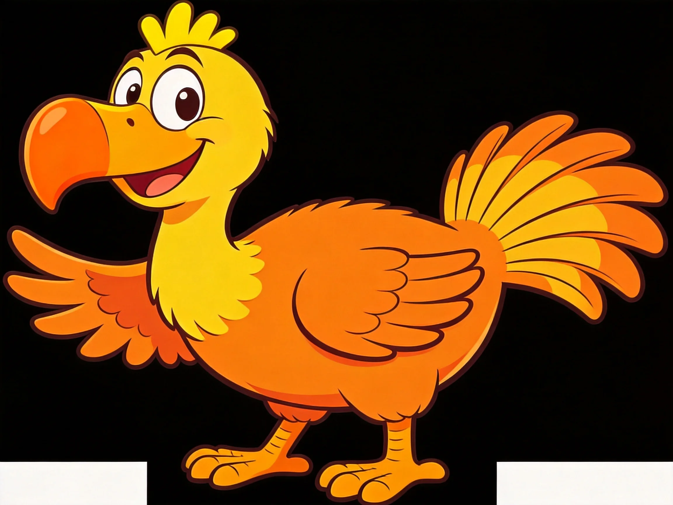 A cheerful cartoon bird with vibrant orange and yellow feathers