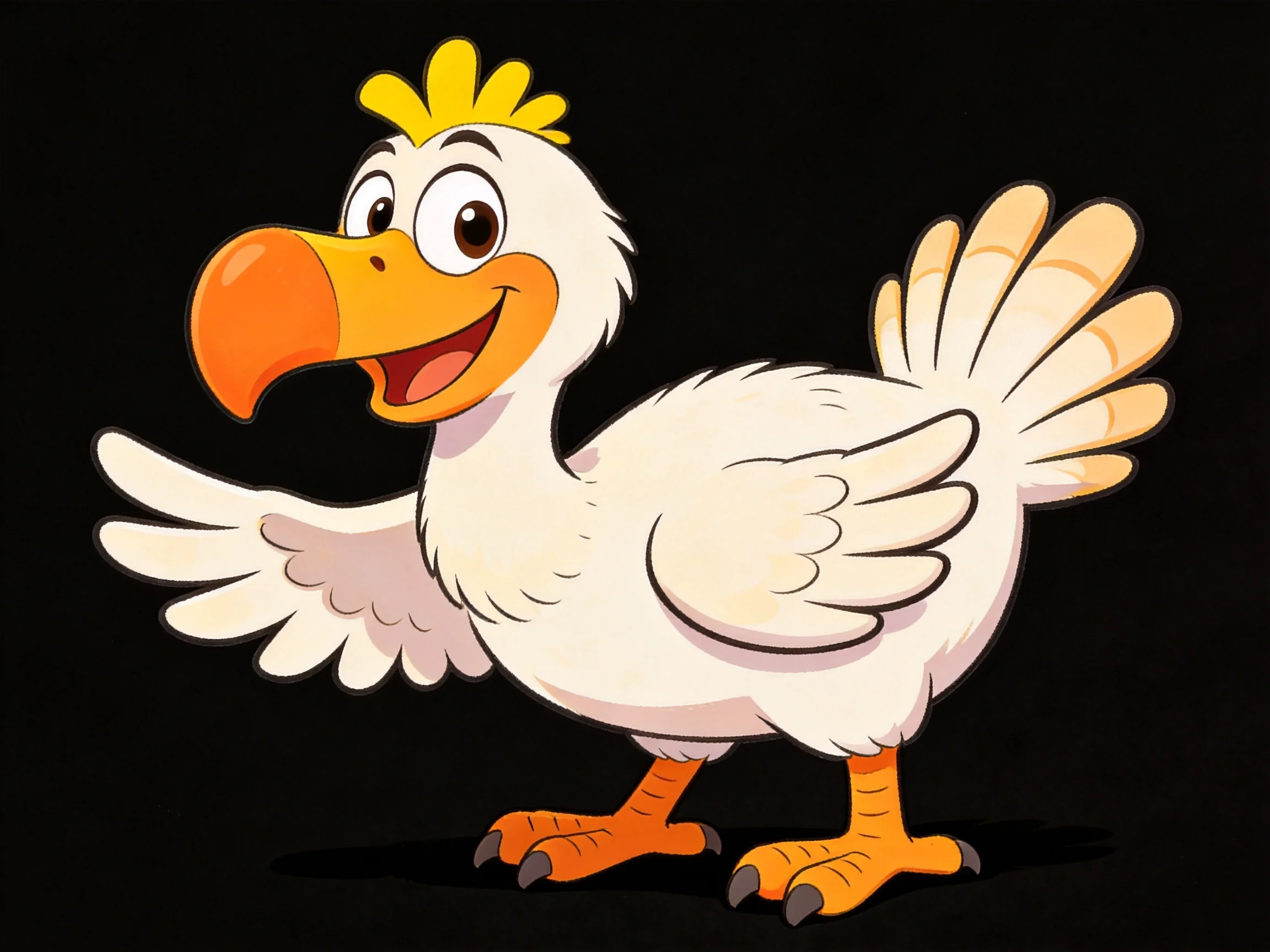 A cheerful cartoon bird with white feathers, orange beak, and yellow crest