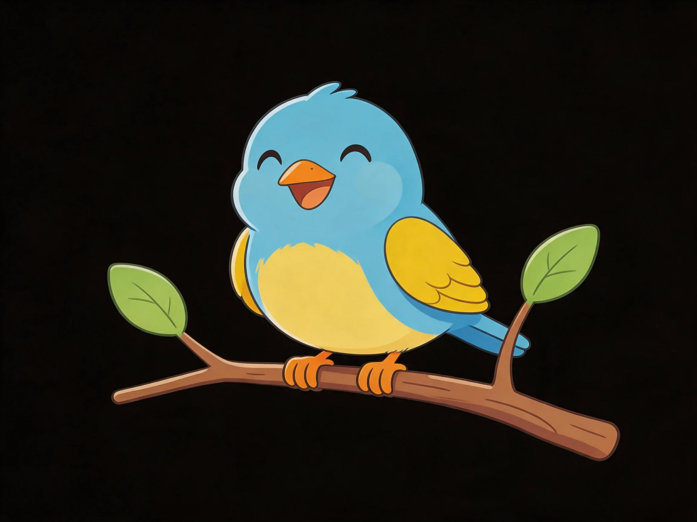 A cheerful cartoon blue bird perches on a brown tree branch with green leaves