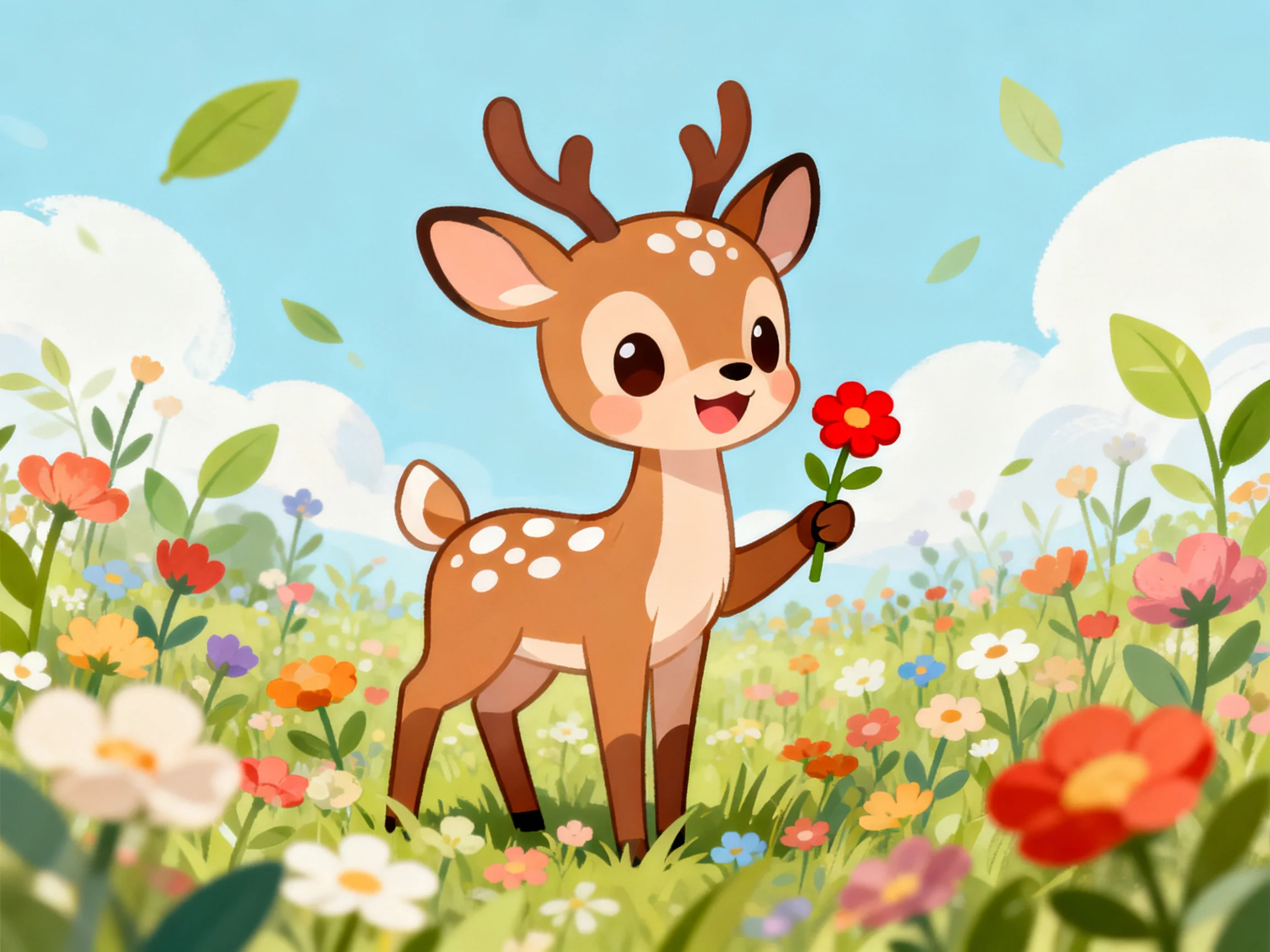 A cheerful spotted fawn holding a red flower in a sunny meadow