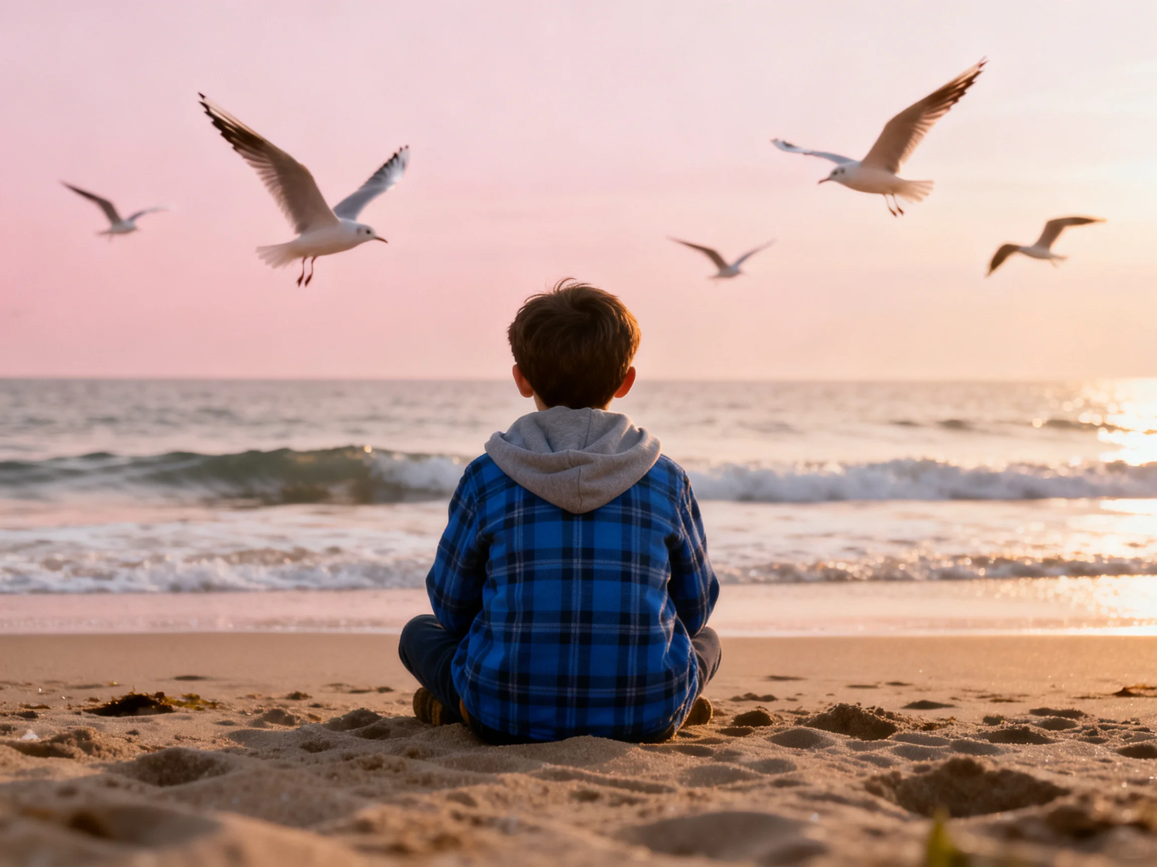 A child in blue sits on sandy beach with seagulls flying over ocean waves