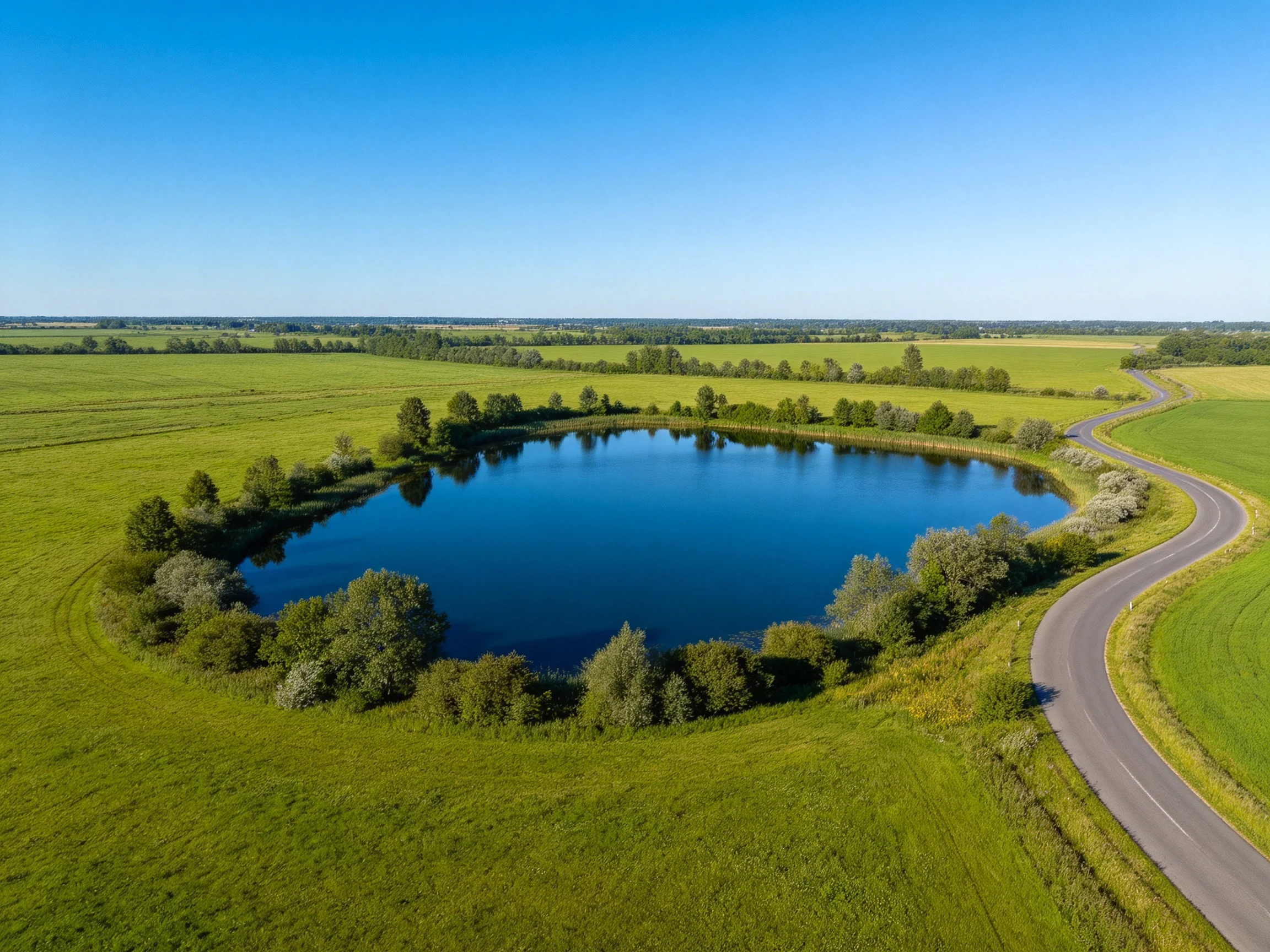 A circular pond surrounded by lush green fields and a winding road