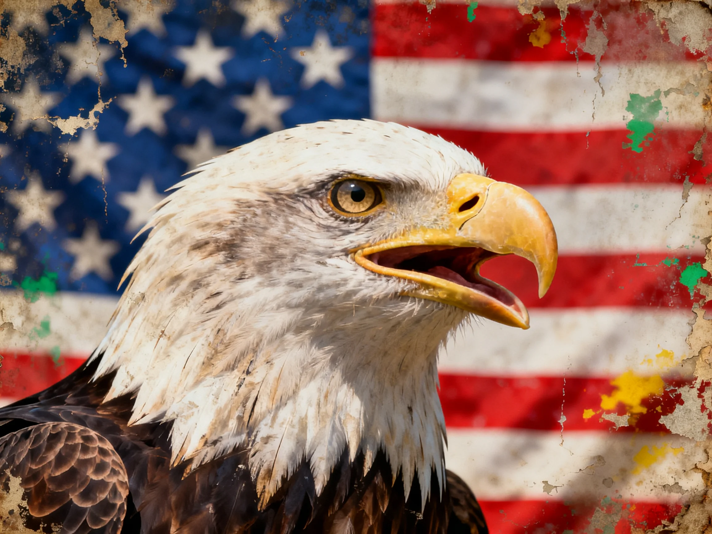 A close - up of a bald eagle against a weathered US flag