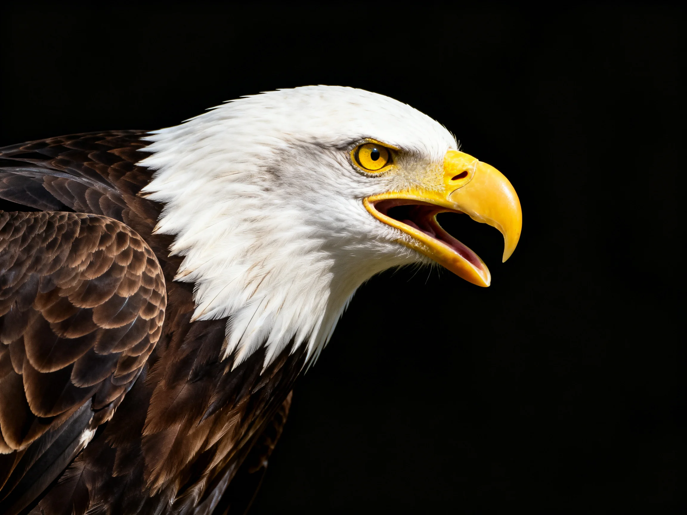 A close-up of a bald eagle with white head and yellow beak