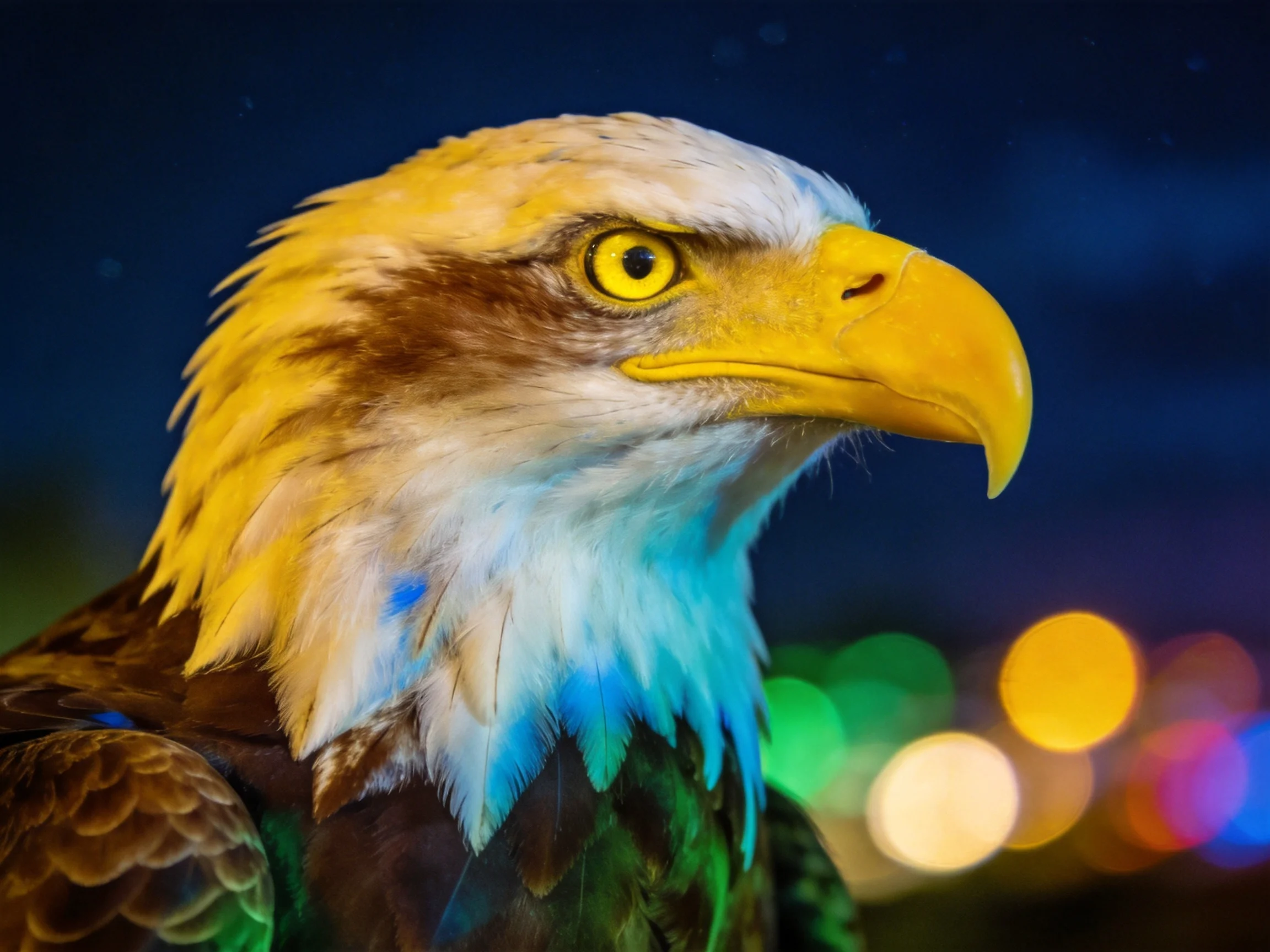 A close-up of a bald eagle with yellow beak, blue neck feathers, and colorful night bokeh