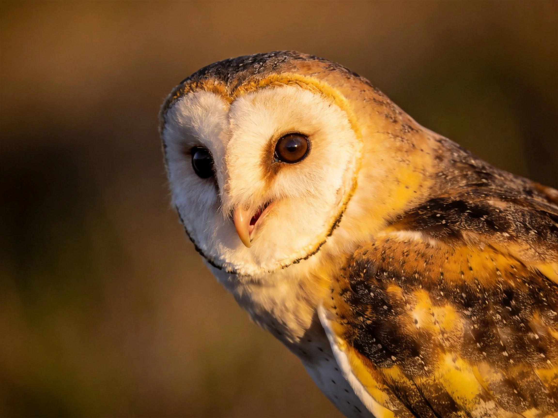 A close-up of a barn owl with golden-brown and white plumage