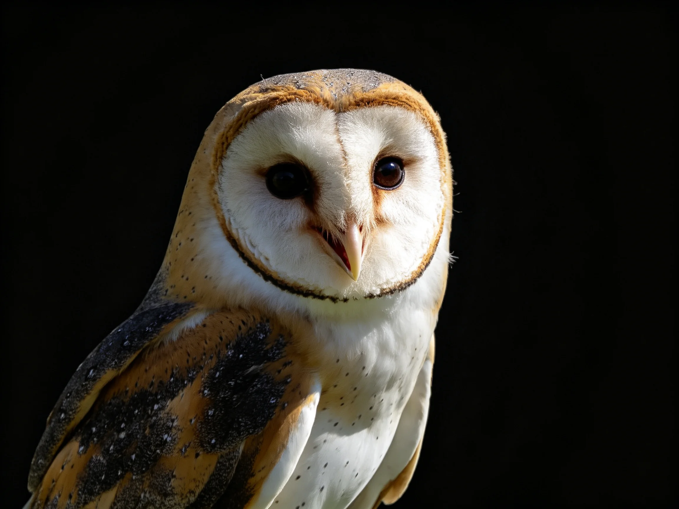 A close - up of a barn owl with white and brown plumage against a black backdrop