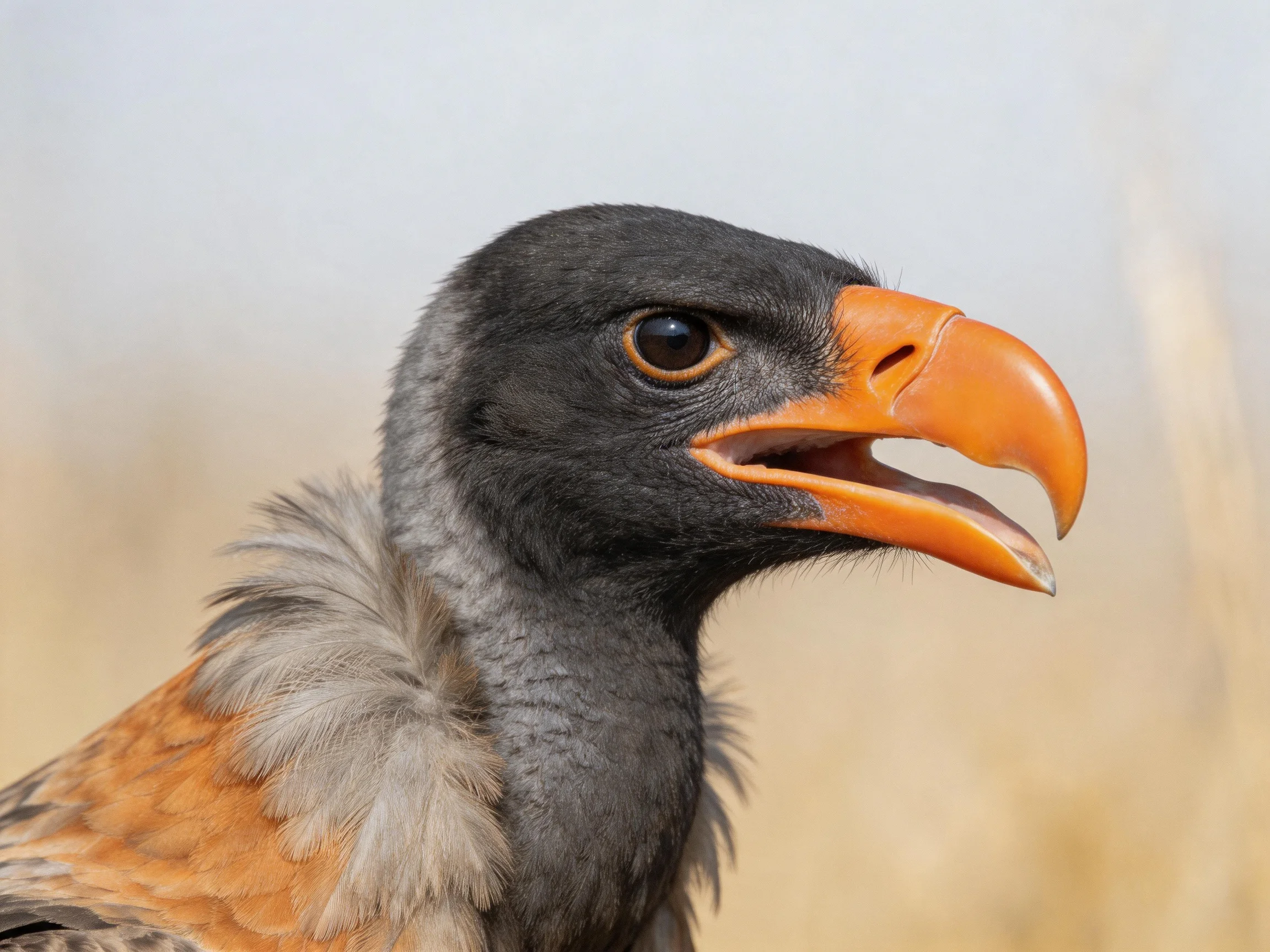 A close - up shows a bird with an orange beak and dark feathers.