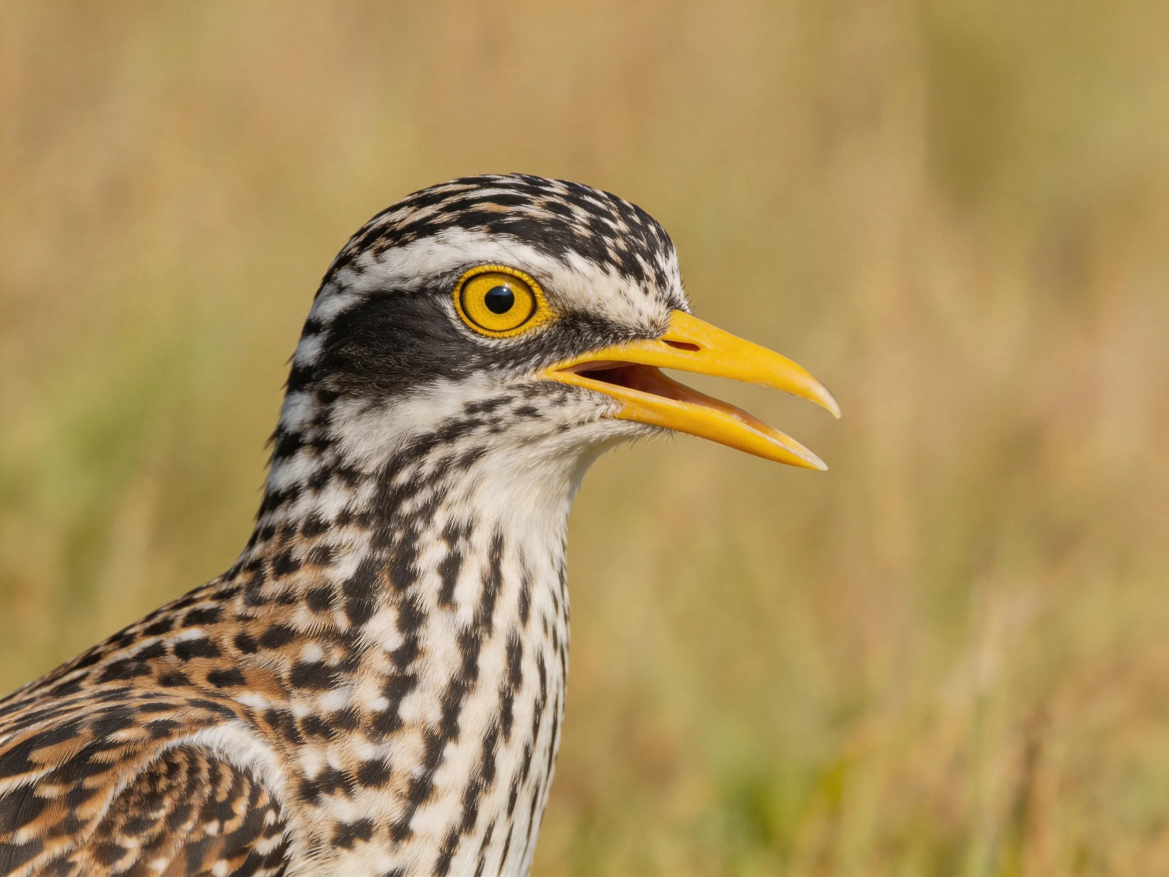 A close - up of a bird with spotted plumage and a bright yellow beak