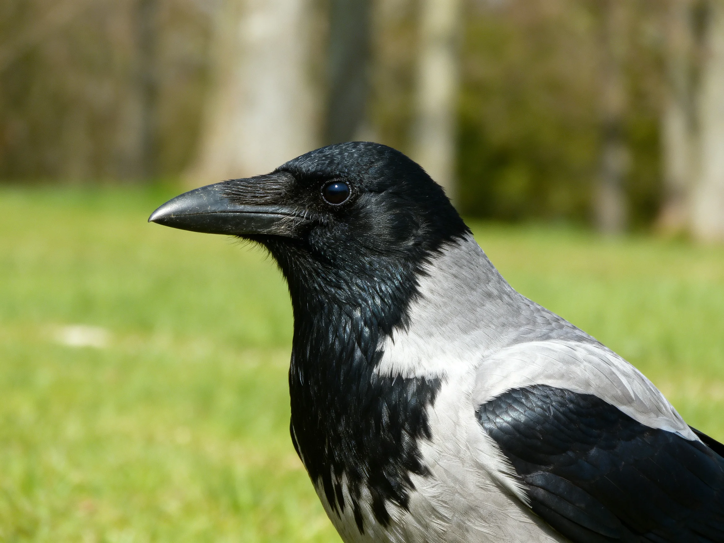 A close - up of a black and gray crow with a long beak near green grass