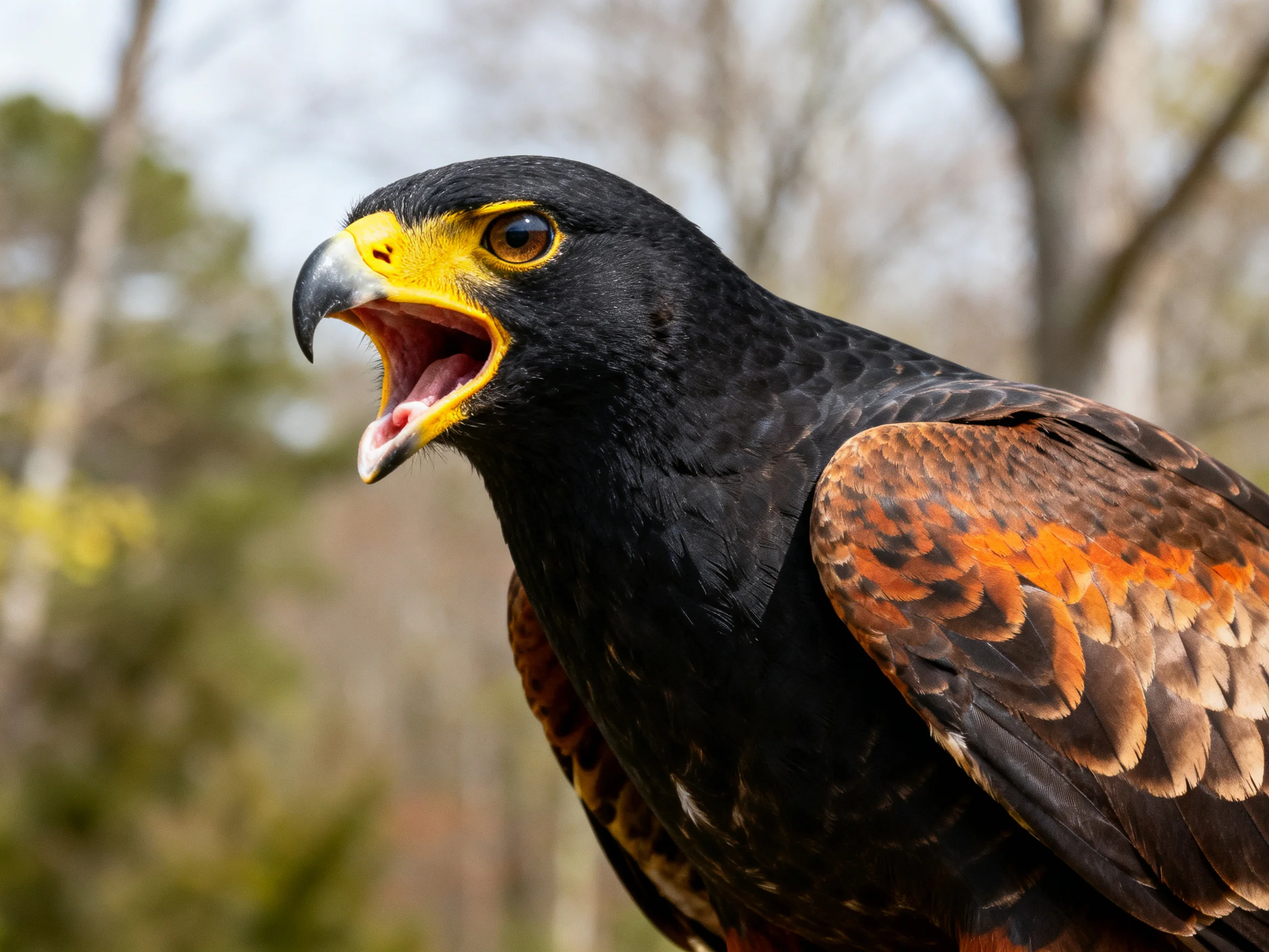 A close-up of a black and orange hawk with an open beak