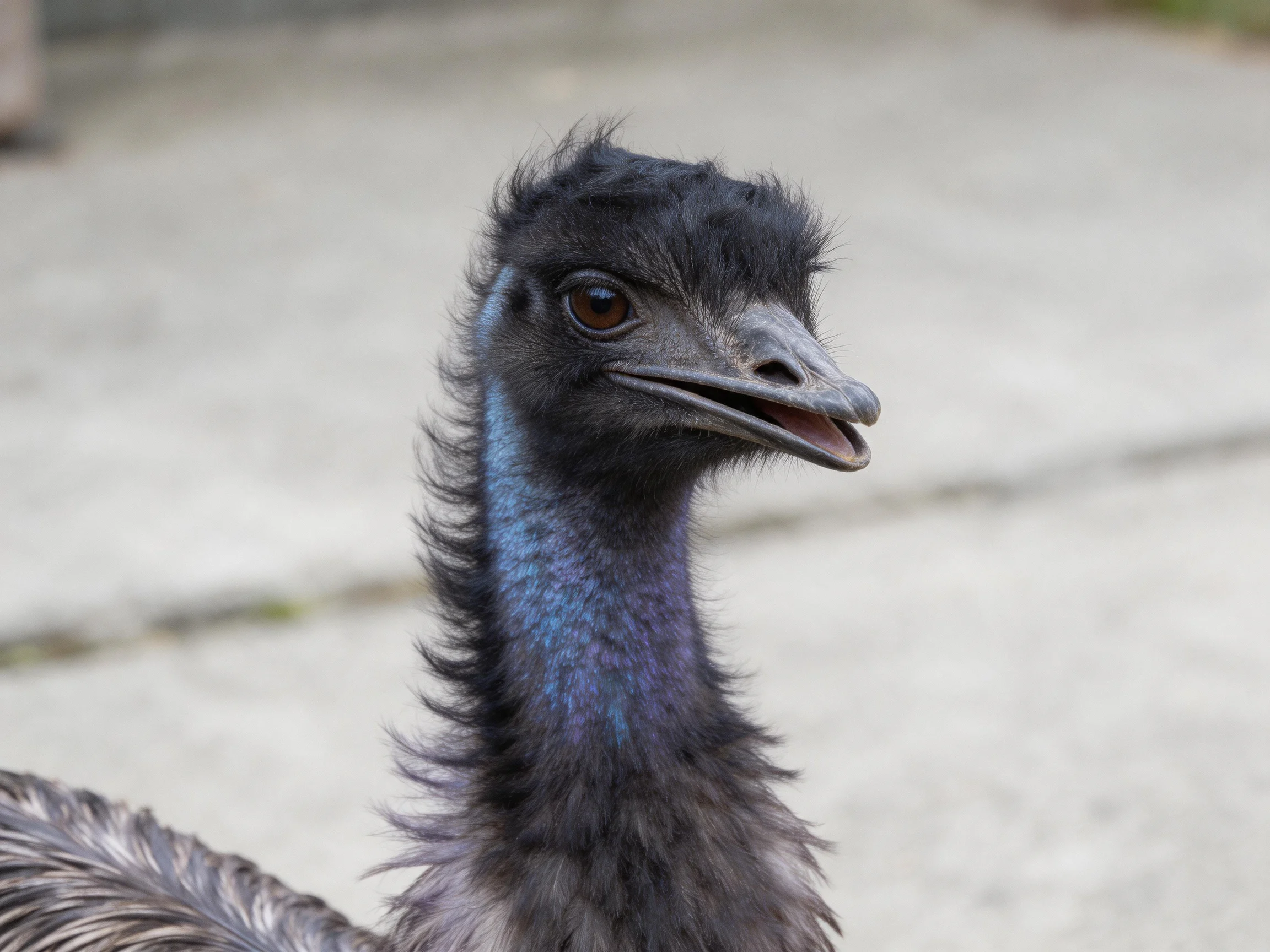 A close-up of a black-feathered emu with iridescent neck plumage
