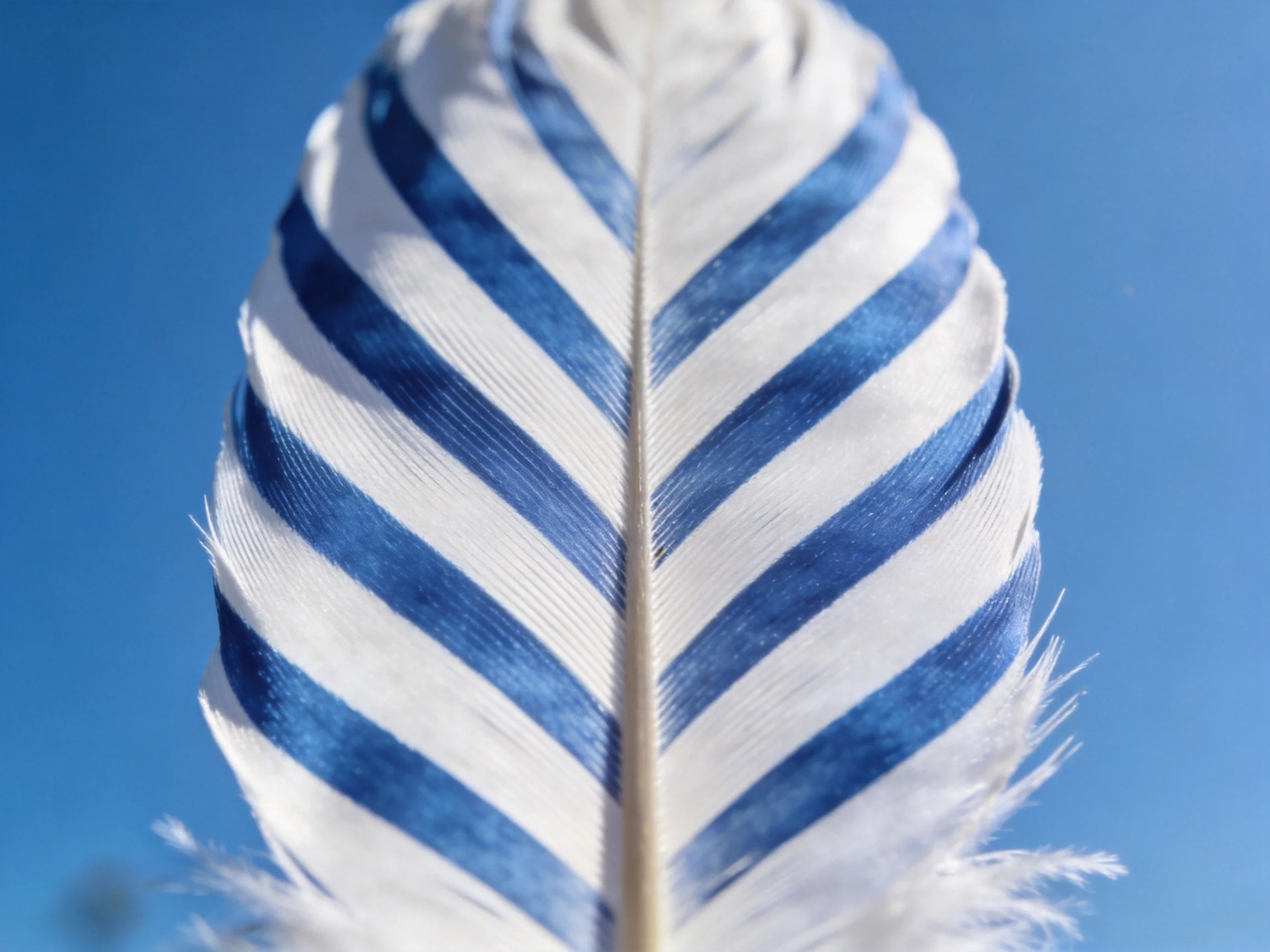 A close - up of a blue and white striped feather against a clear blue sky