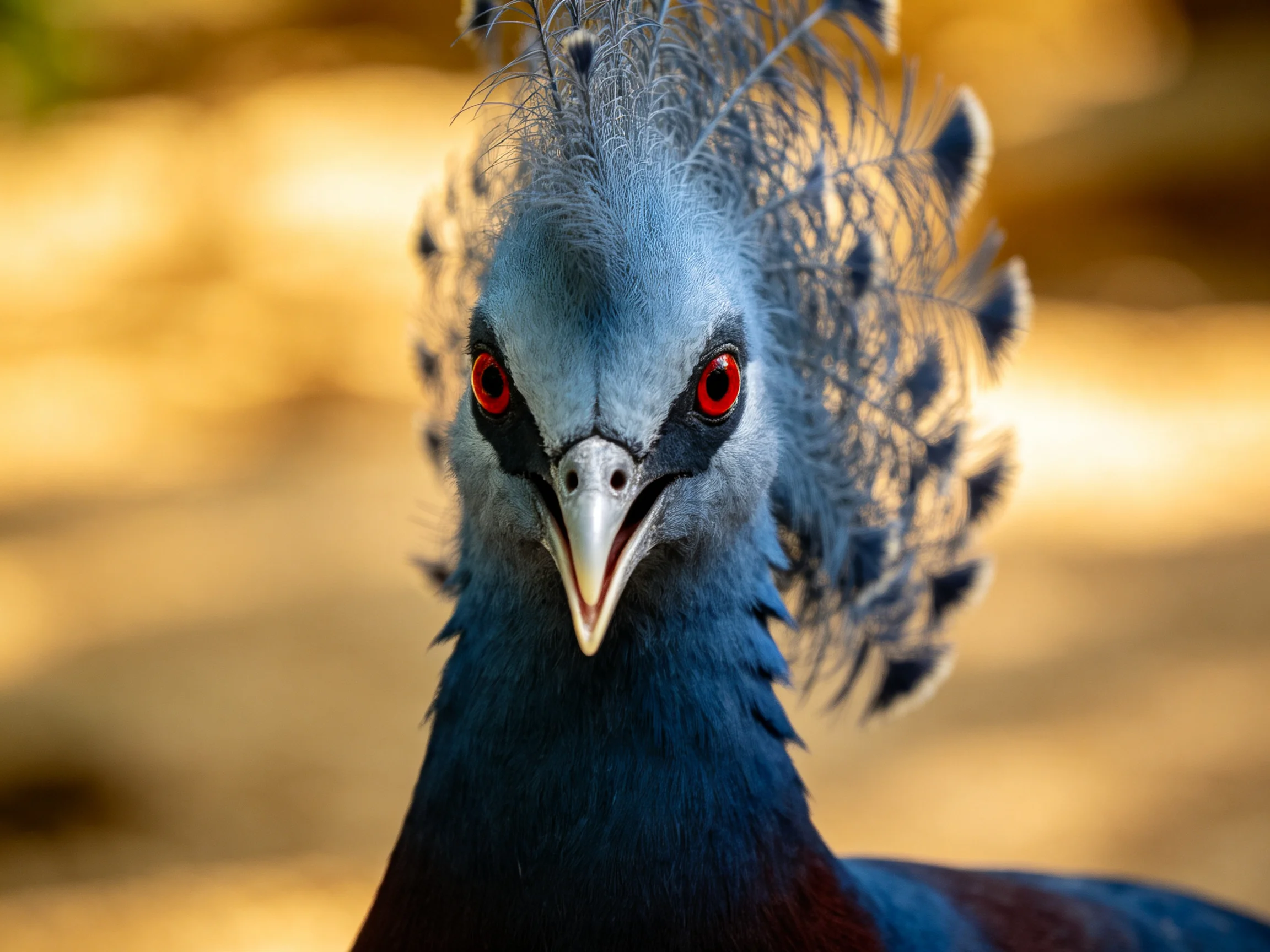 A close - up of a blue - feathered crowned pigeon with ornate crest