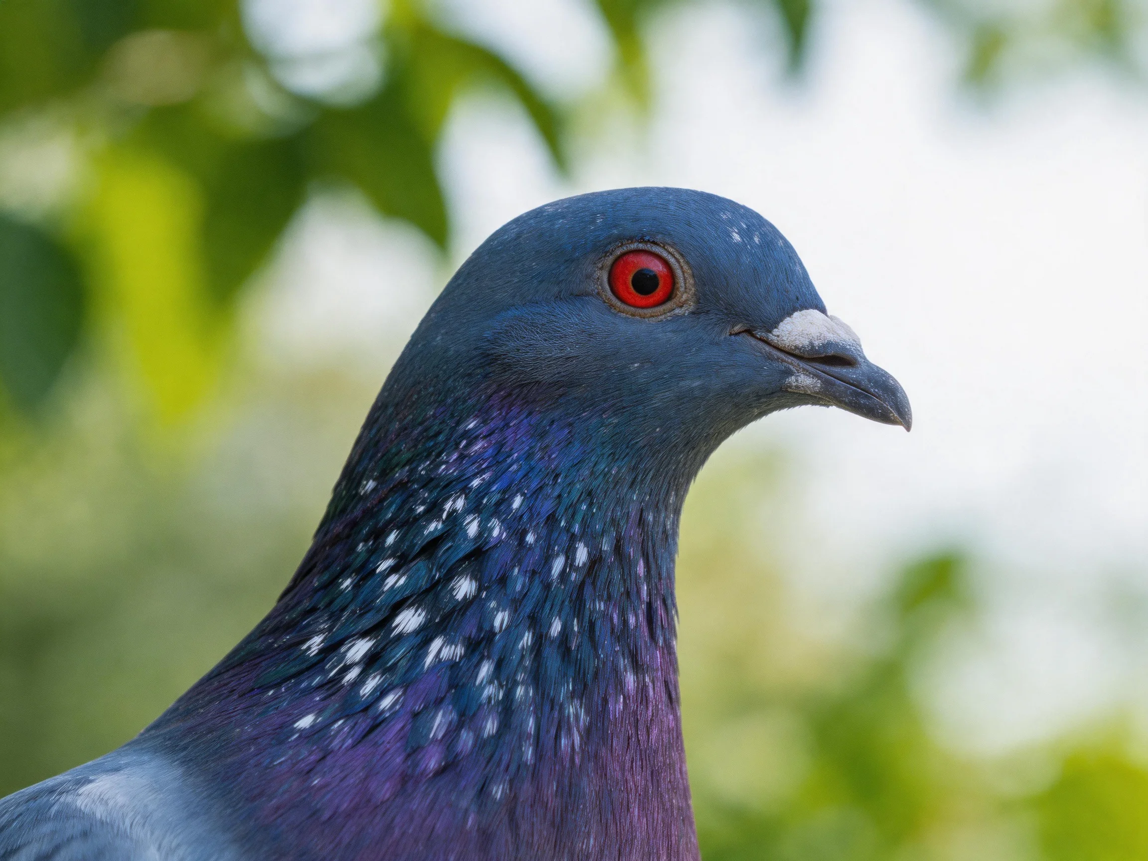 A close-up of a blue-purple pigeon with red eye and white feather spots