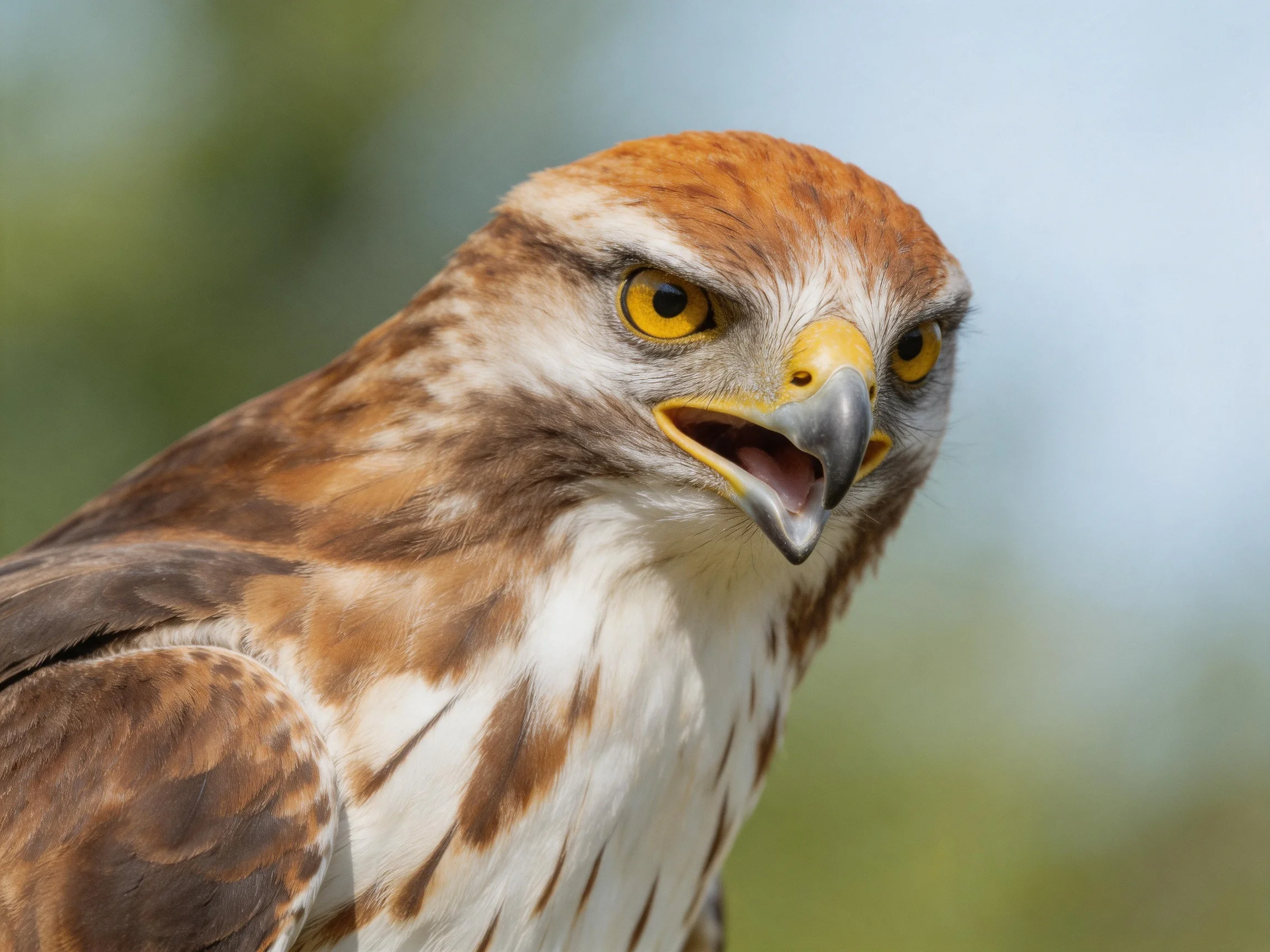 A close - up of a brown and white hawk with bright yellow eyes