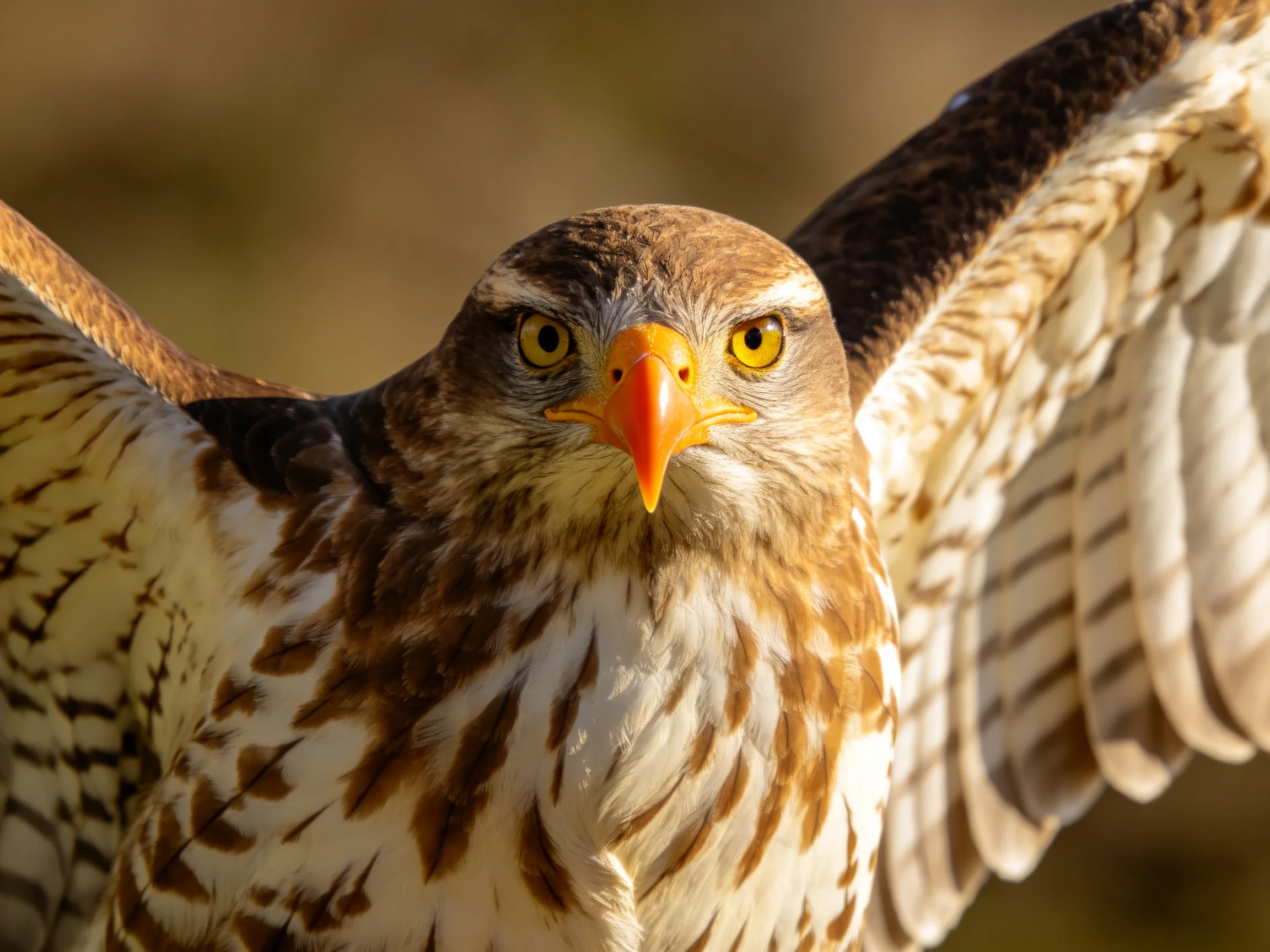 A close - up of a brown - and - white raptor with extended wings