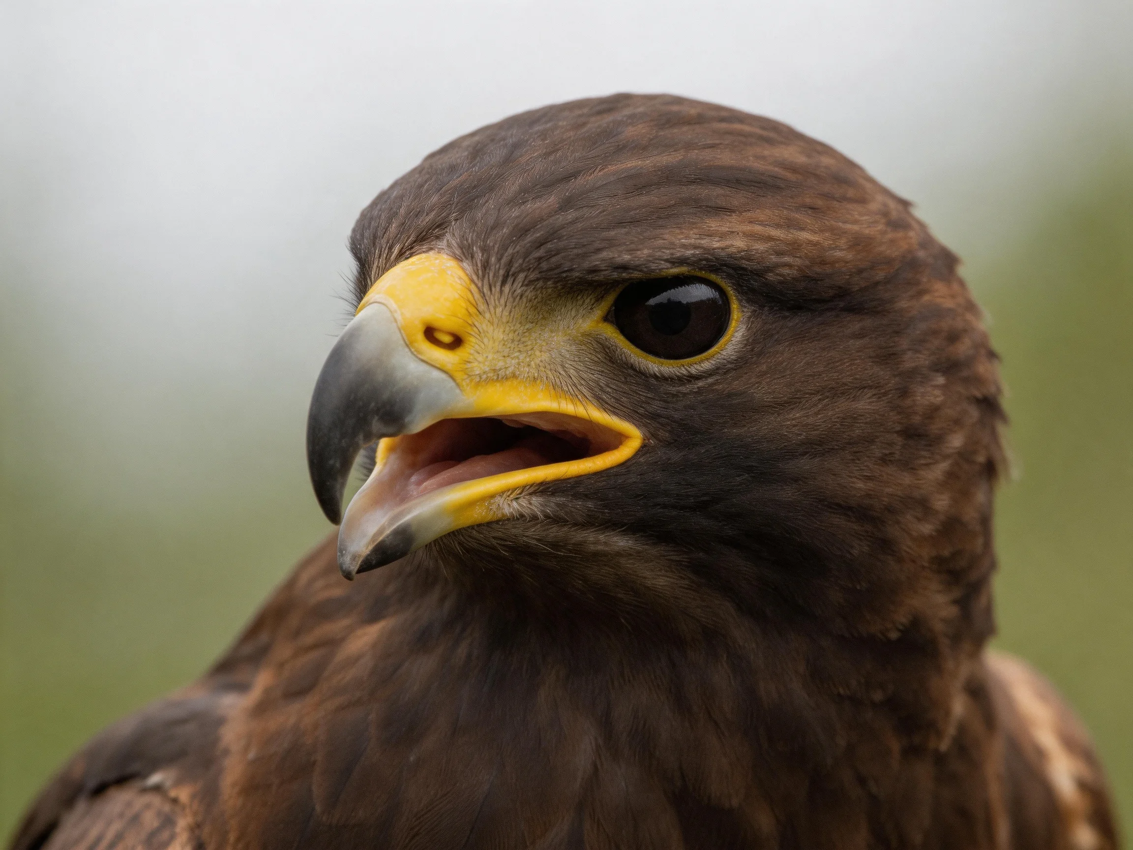 A close - up of a brown - feathered raptor with a yellow beak