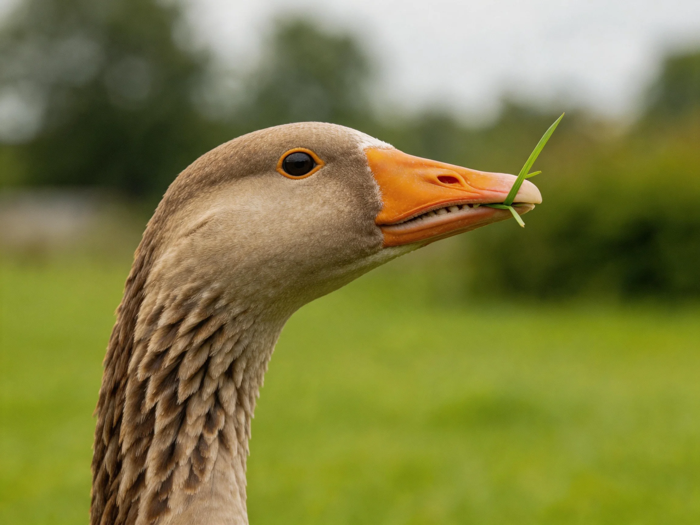 A close - up of a brown goose with an orange beak holding green grass