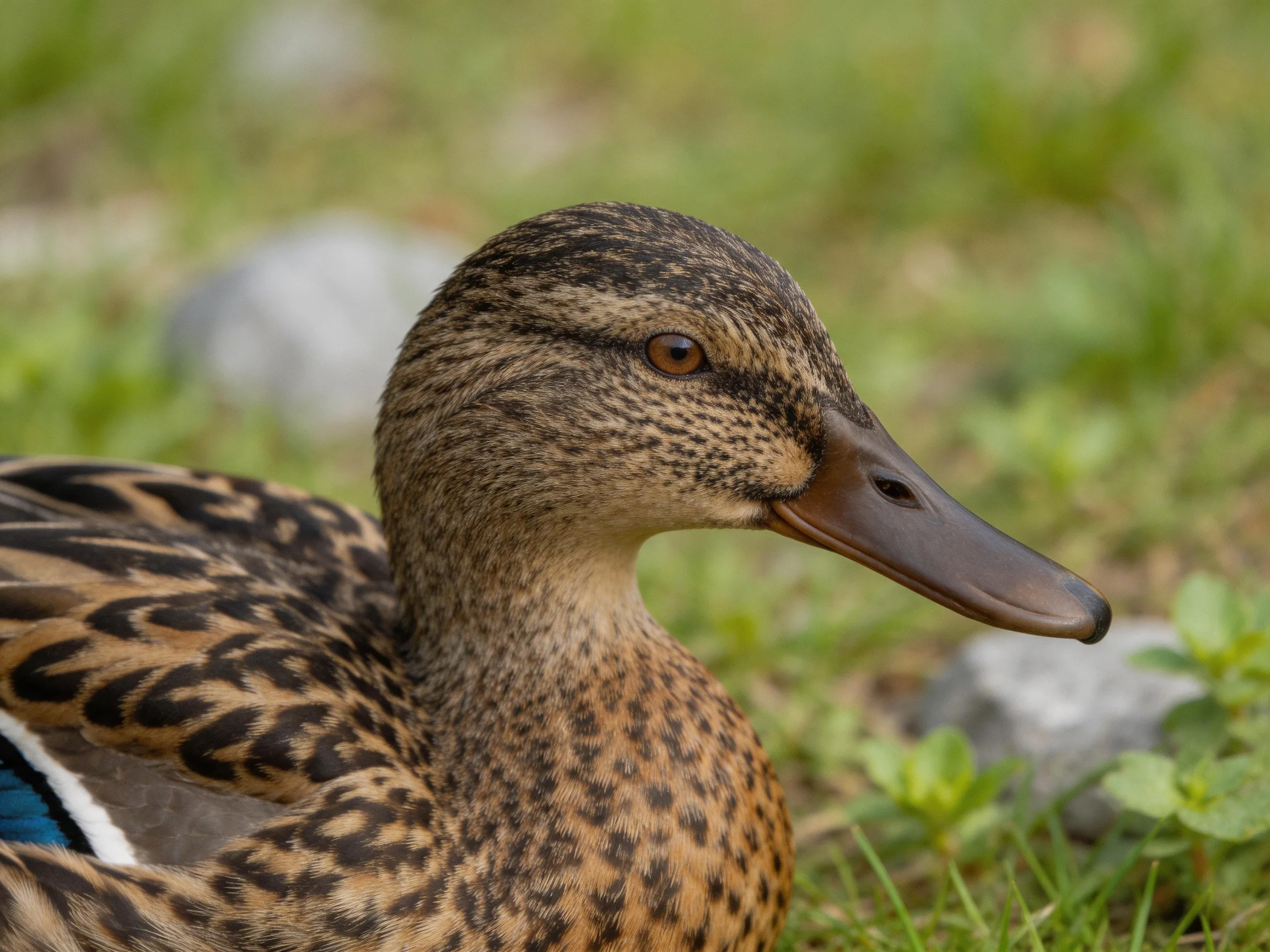 A close-up shows a brown-spotted duck with blue wing accents among greenery.