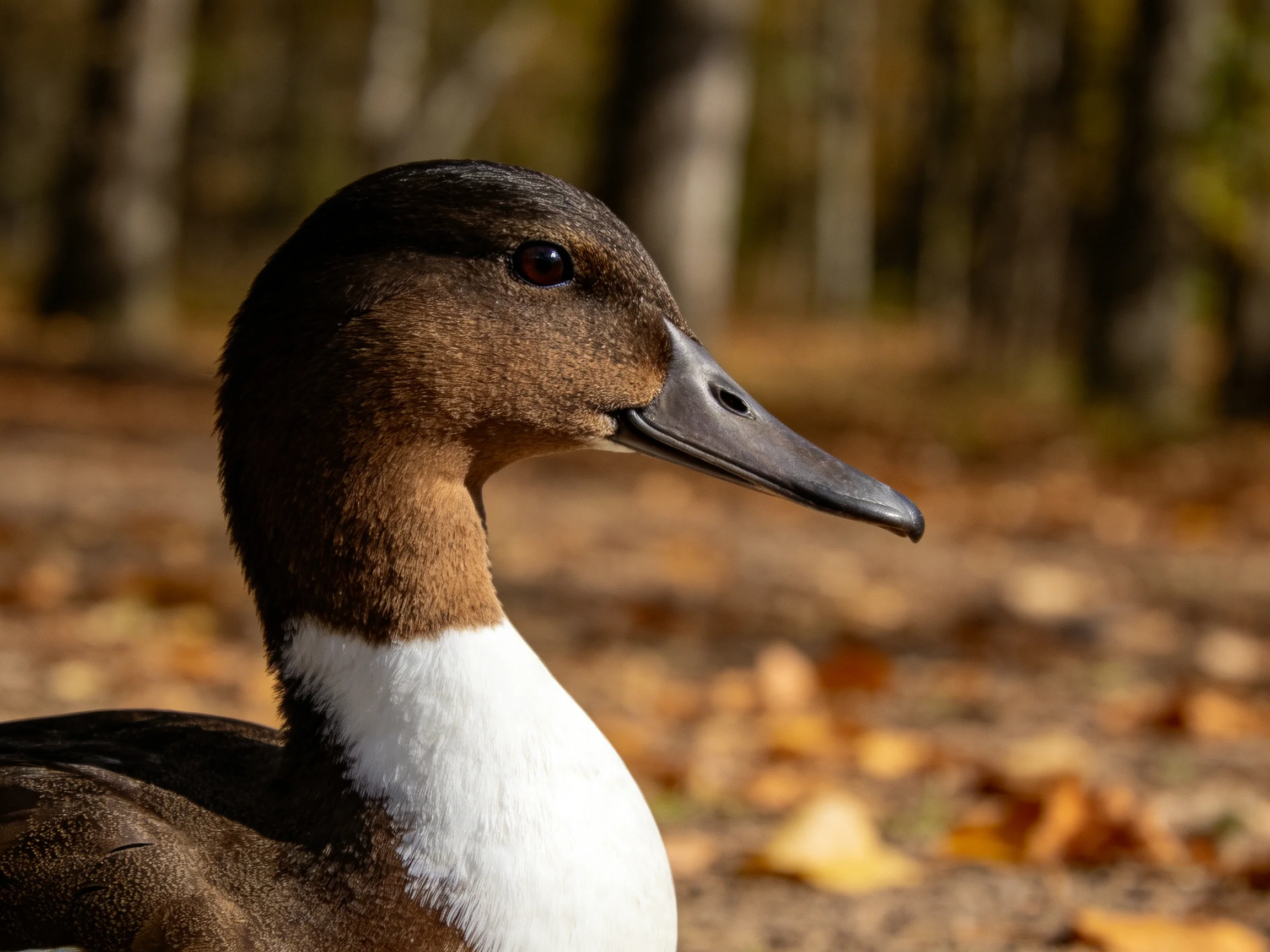 A duck with brown, white, and black plumage stands among fallen autumn leaves.
