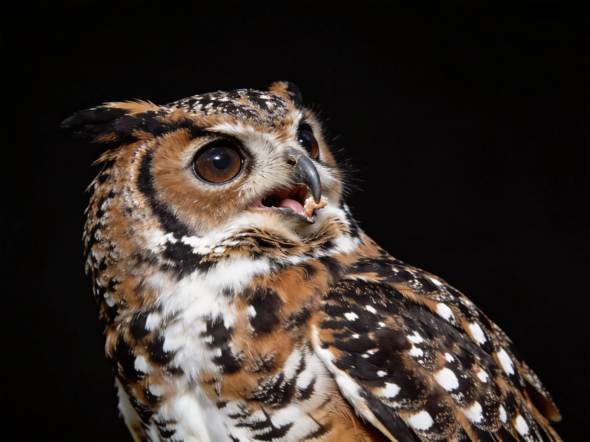 A close - up of a brown, white, and black spotted owl with large eyes