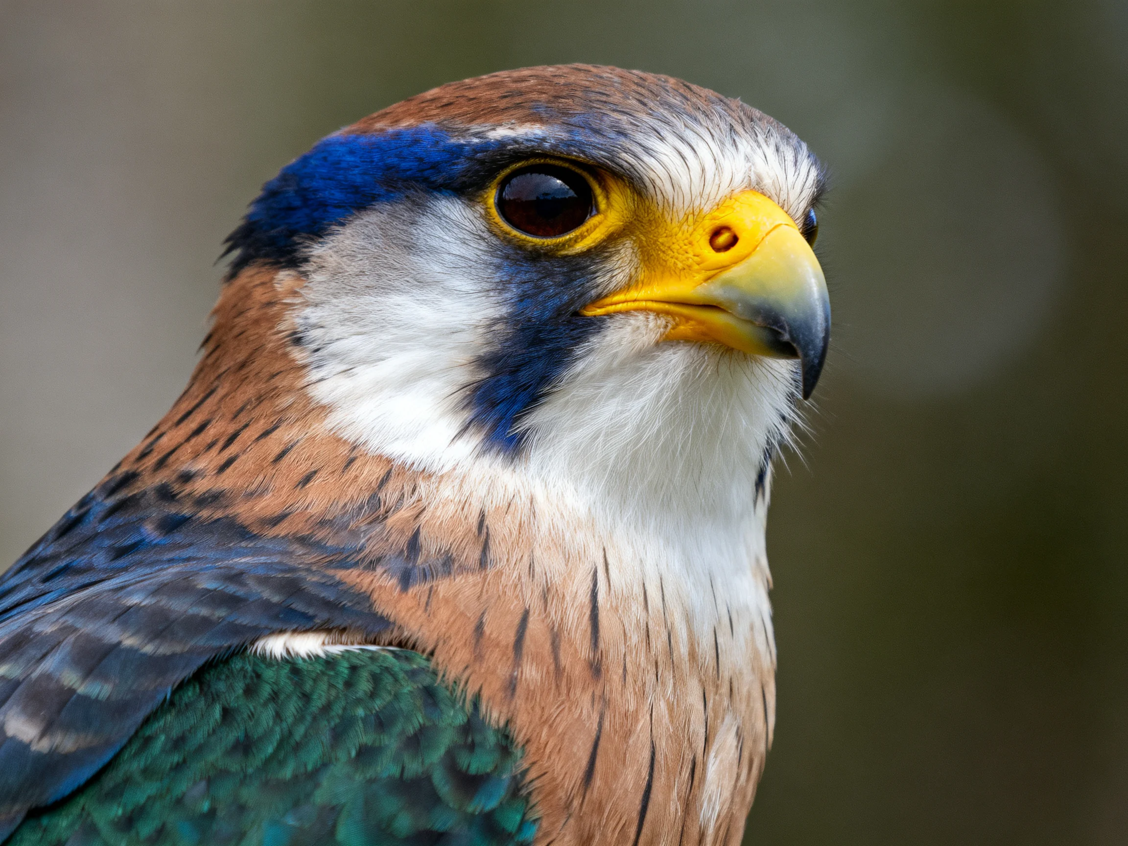 A close - up of a colorful falcon with blue, brown, and green feathers