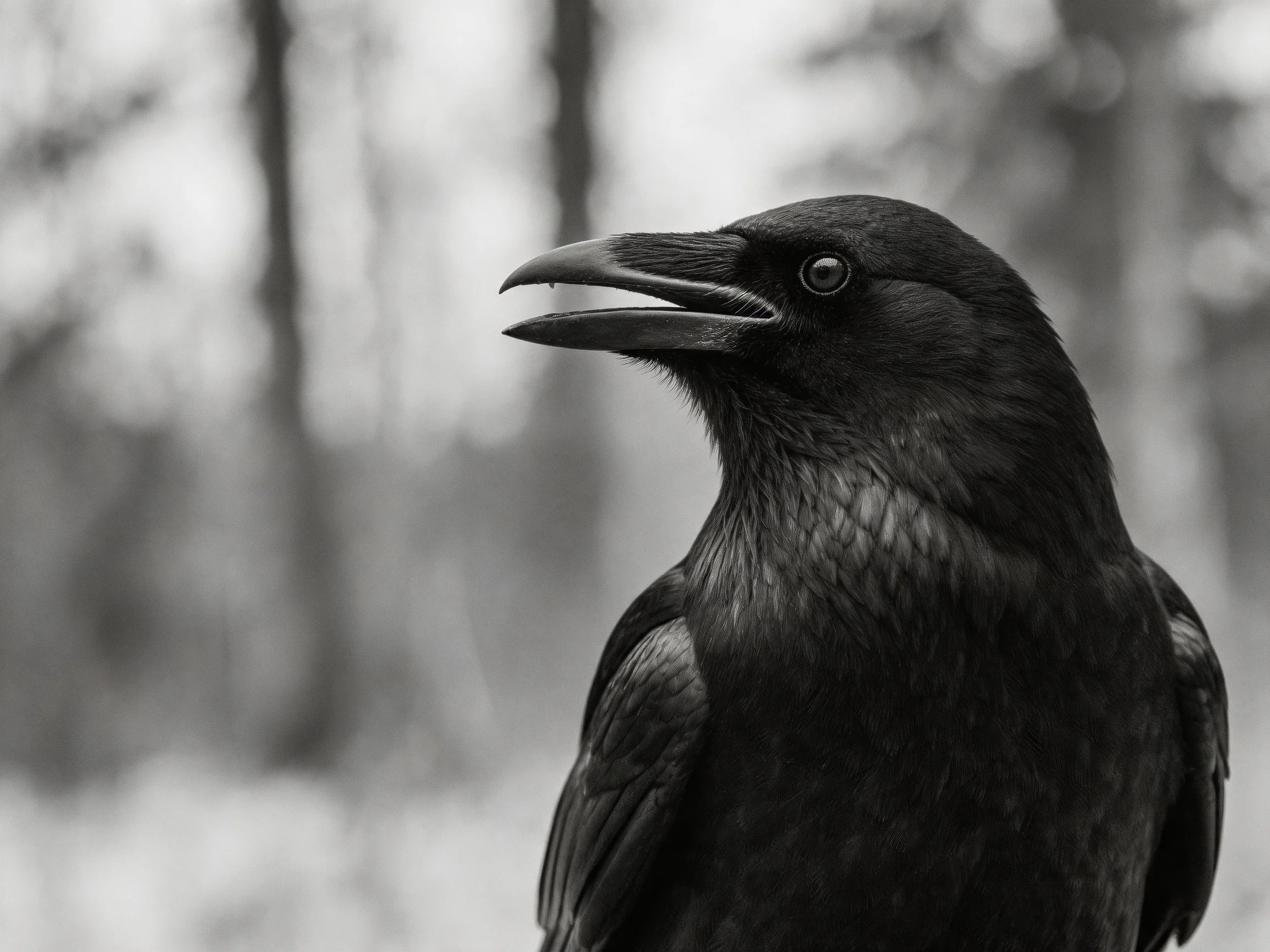 A close-up of a dark-feathered raven against blurred forest backdrop