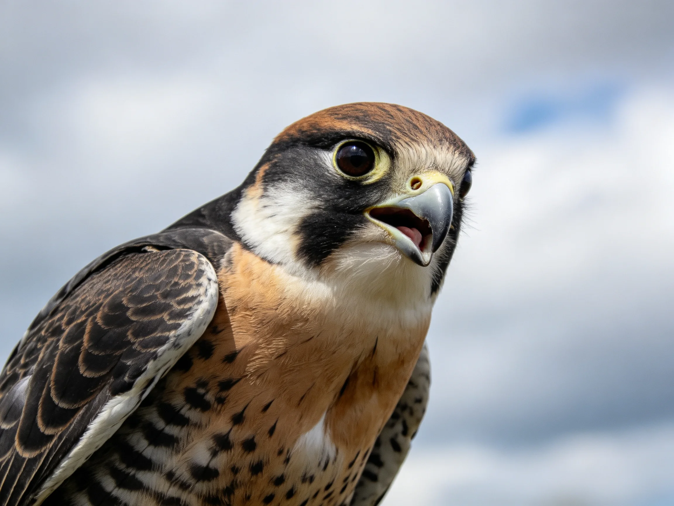A close - up of a falcon with brown, black, and white plumage