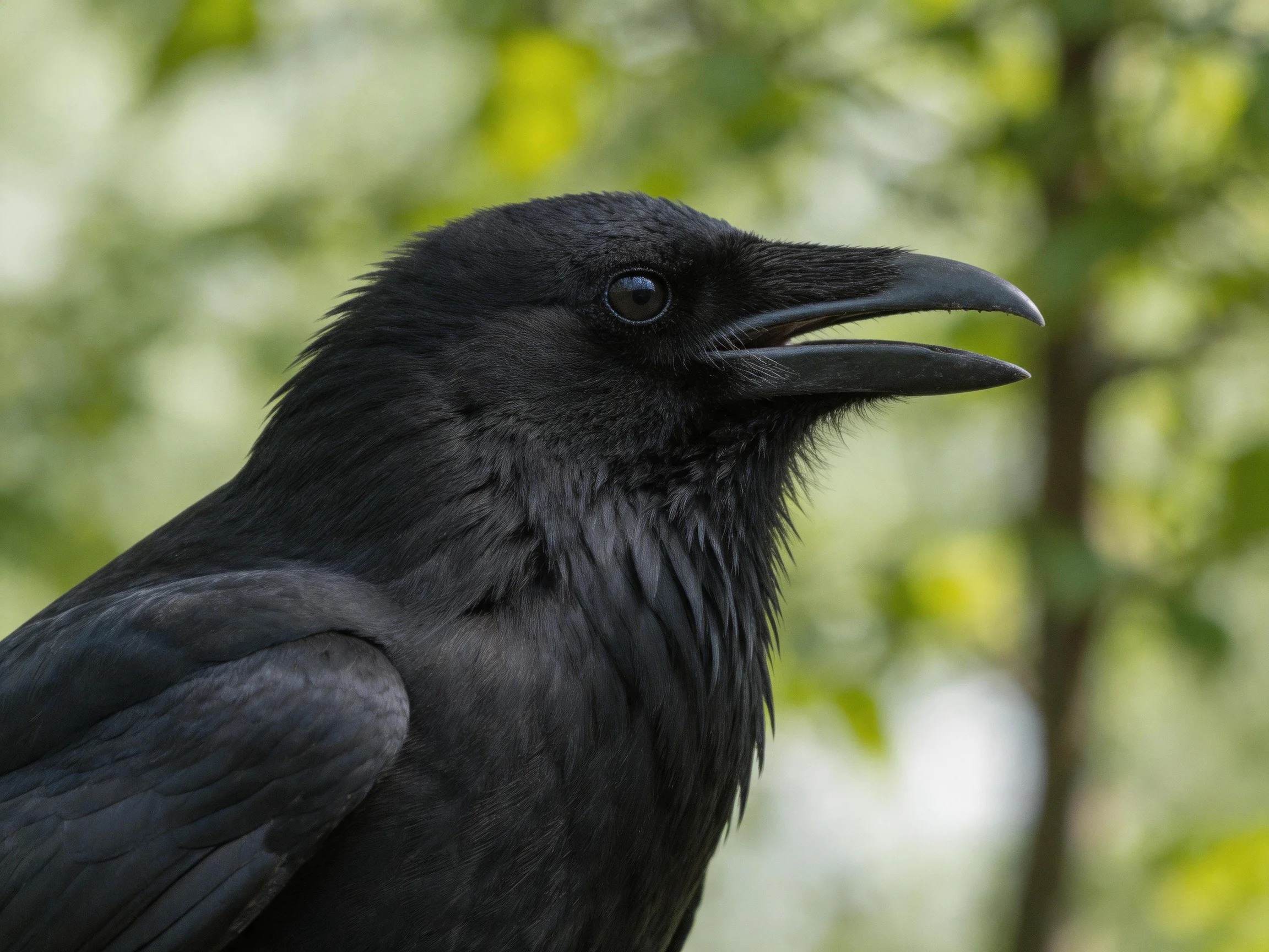 A close - up of a glossy black crow with an open beak