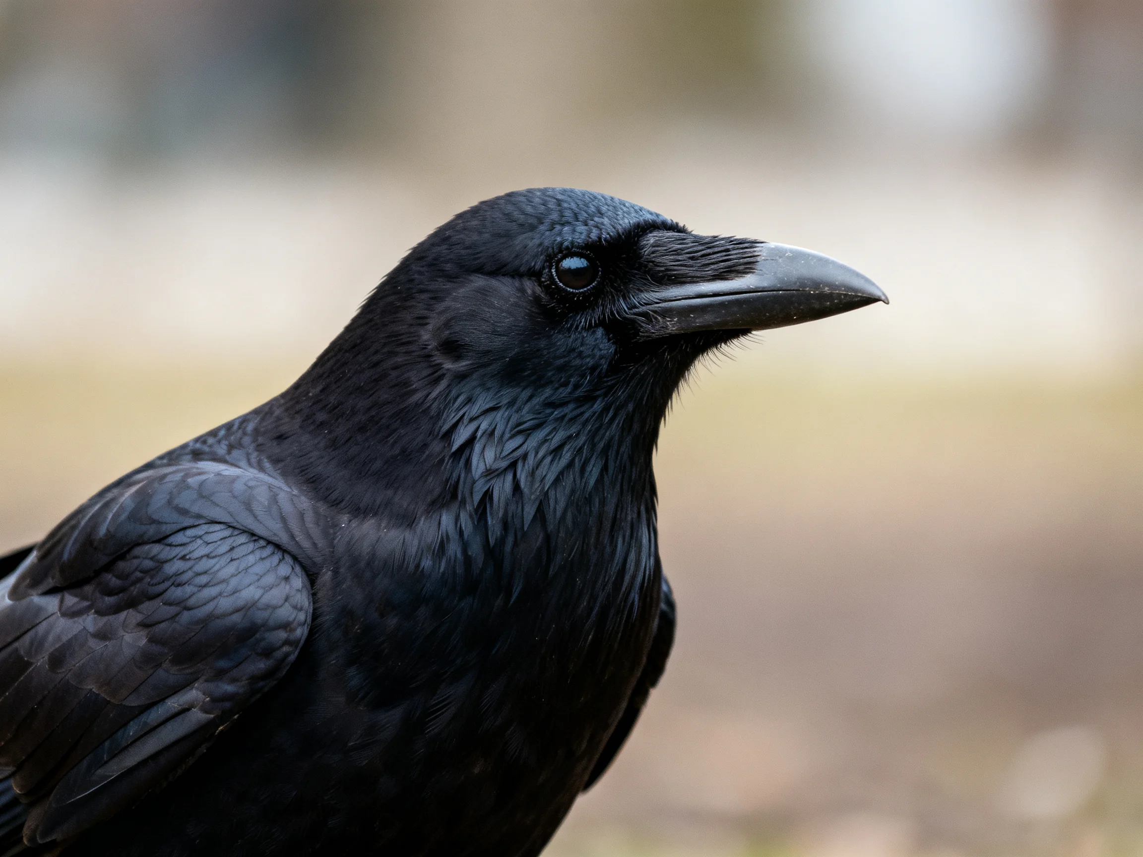 A close-up of a glossy black crow with sharp beak
