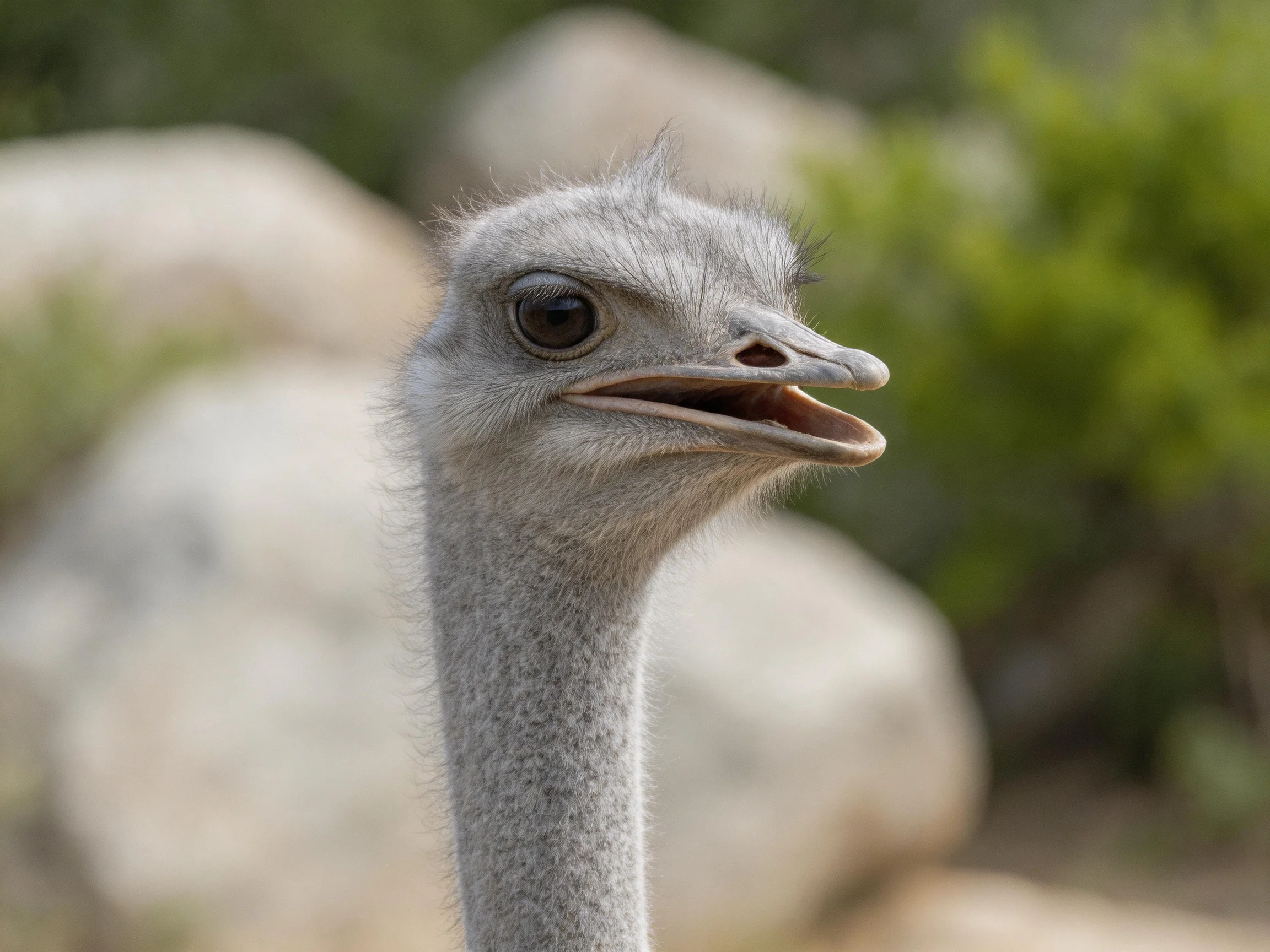 Close-up of a gray ostrich with its beak open