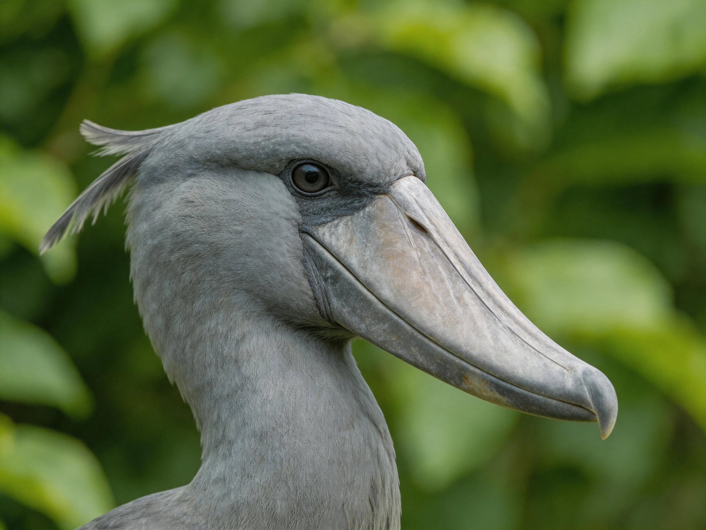 A close-up reveals a gray shoebill bird showcasing its uniquely shaped broad beak.
