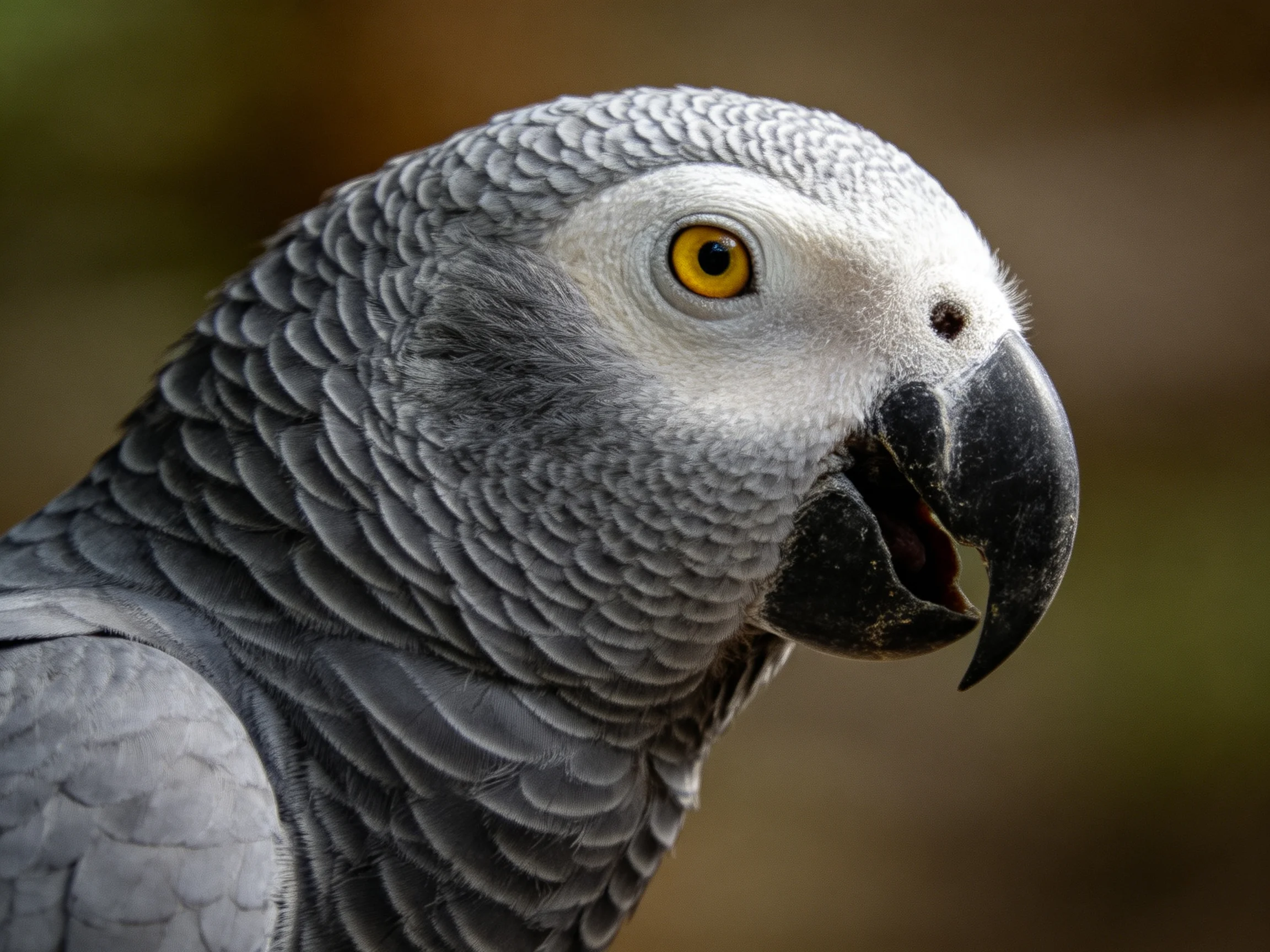 A close-up of a grey-feathered African Grey parrot with a yellow eye