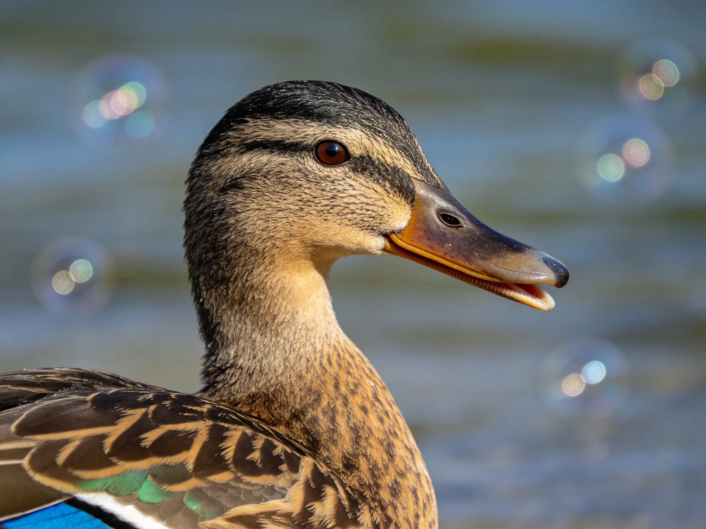 A close-up of a mallard duck with colorful plumage near water bubbles