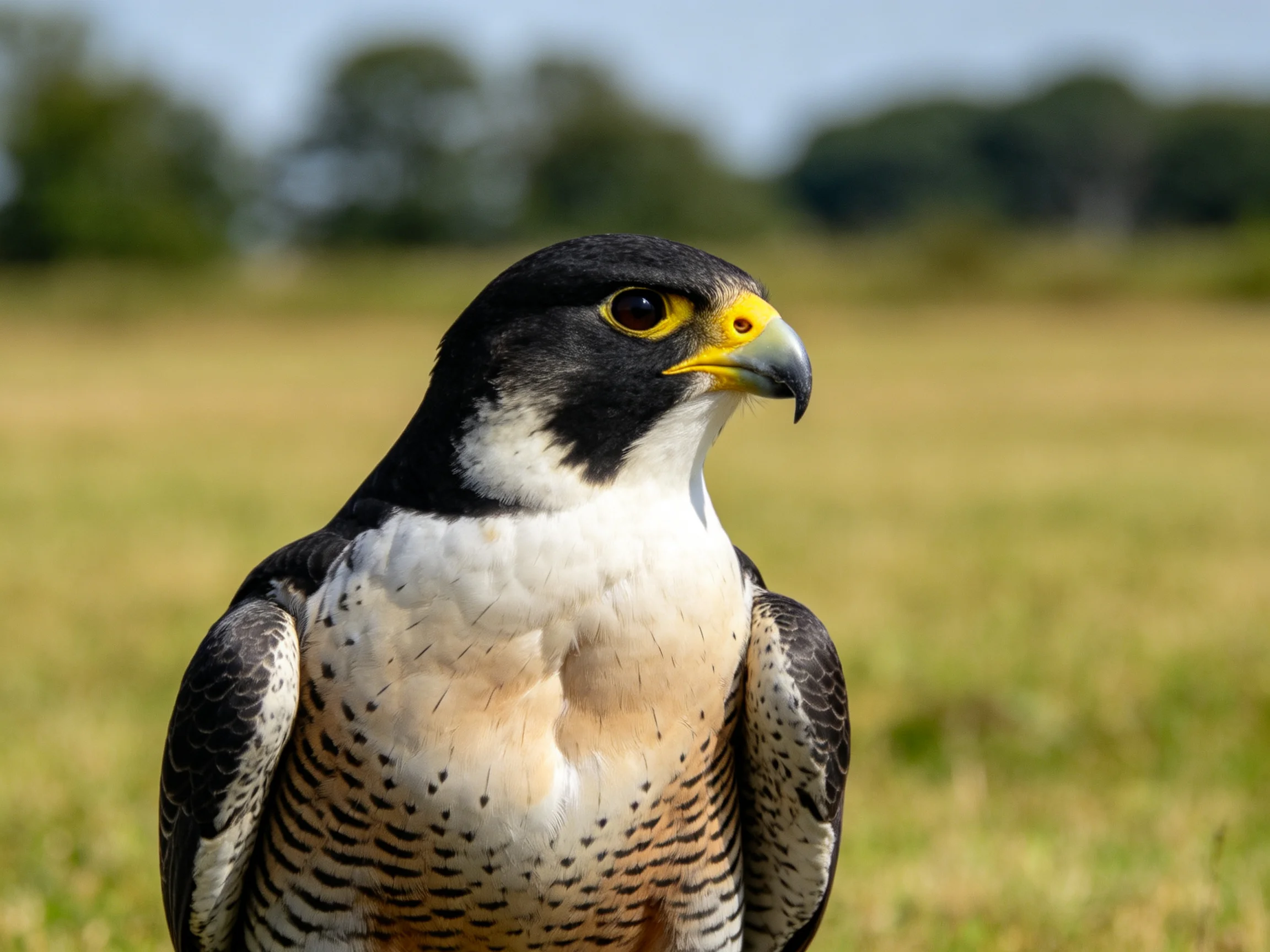 A close - up of a peregrine falcon with black, white, and yellow plumage