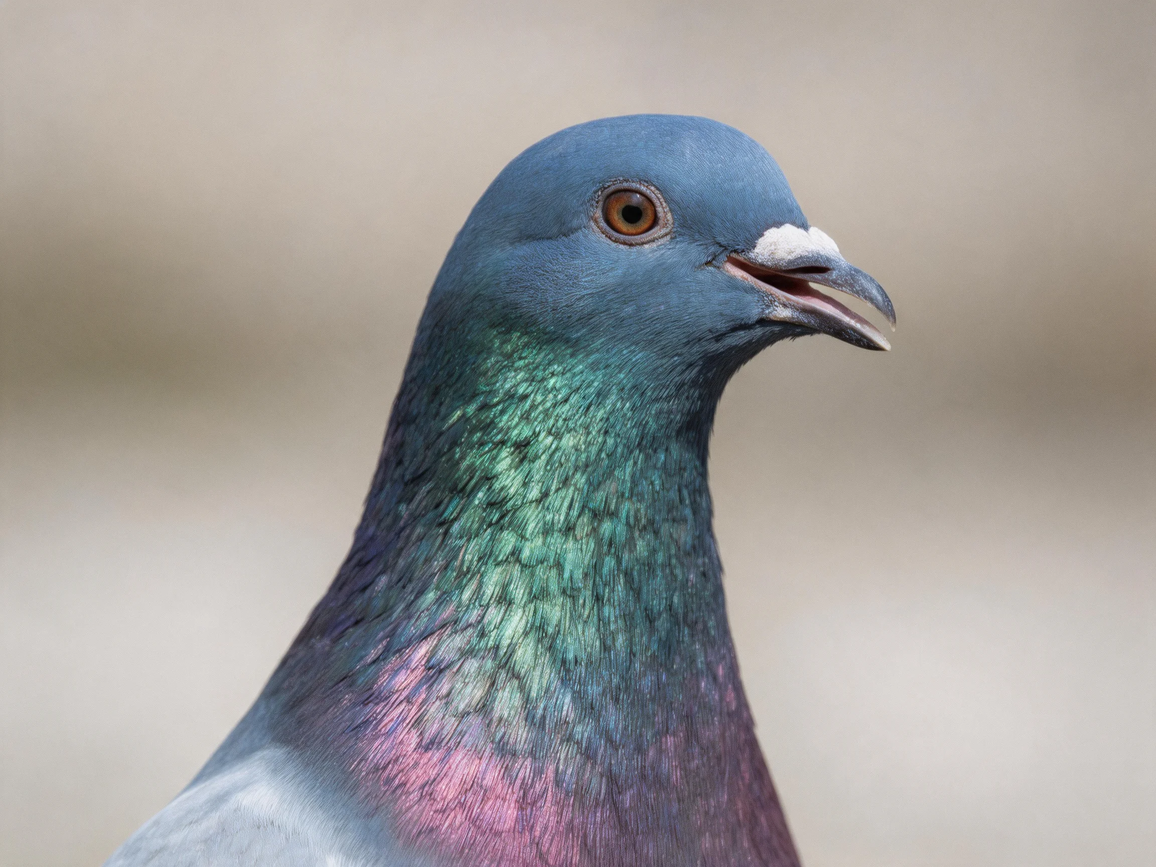 A close-up of a pigeon with iridescent blue-green-purple plumage