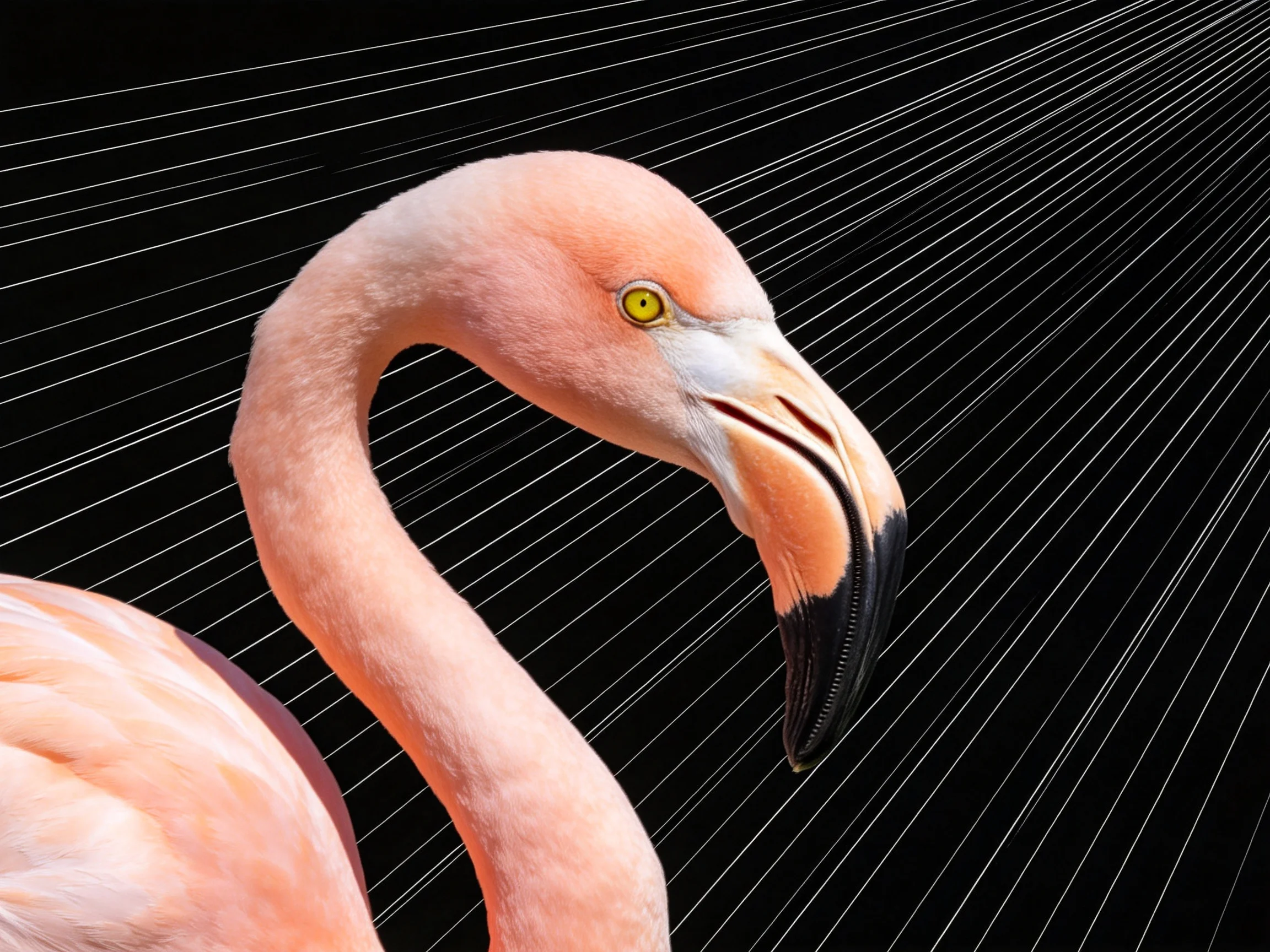 A close - up of a pink flamingo with a curved beak against a black background with radiating white li