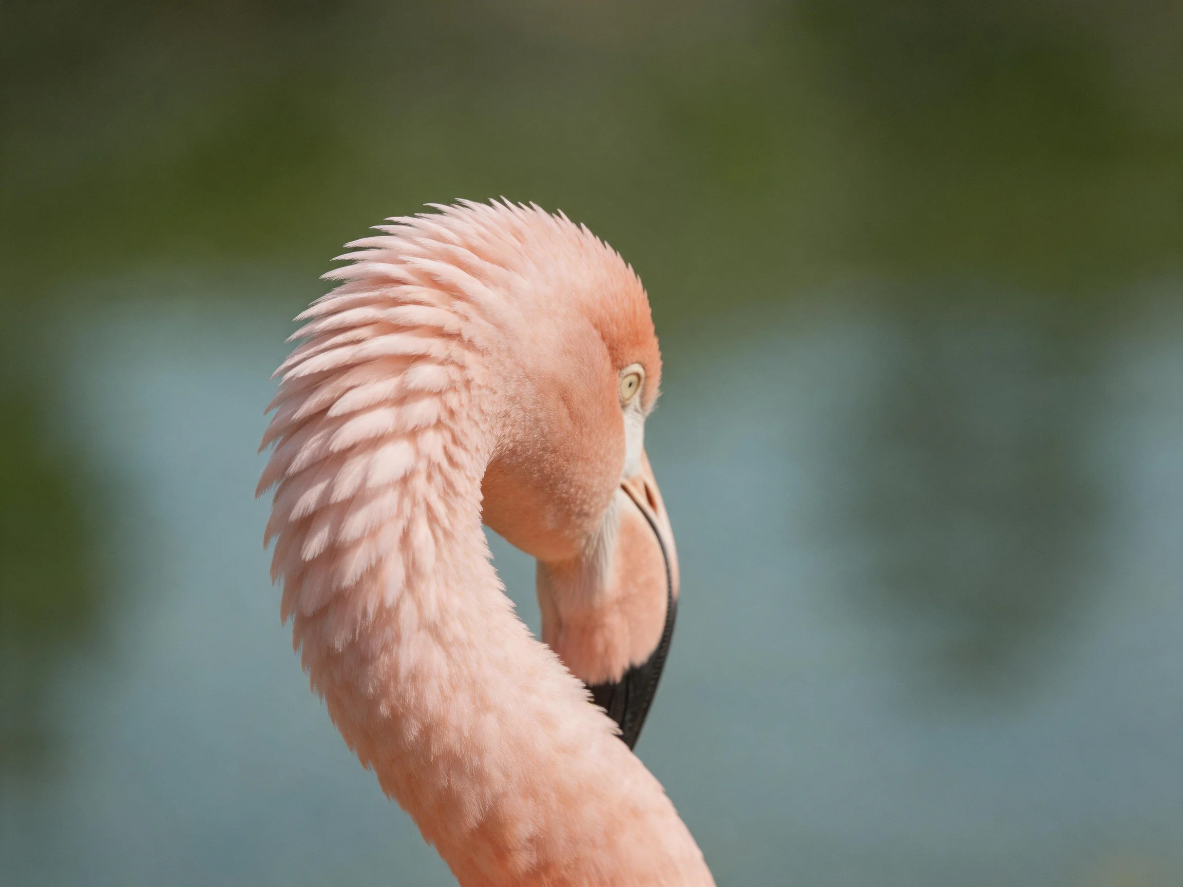 A close-up of a pink flamingo with a curved neck near water