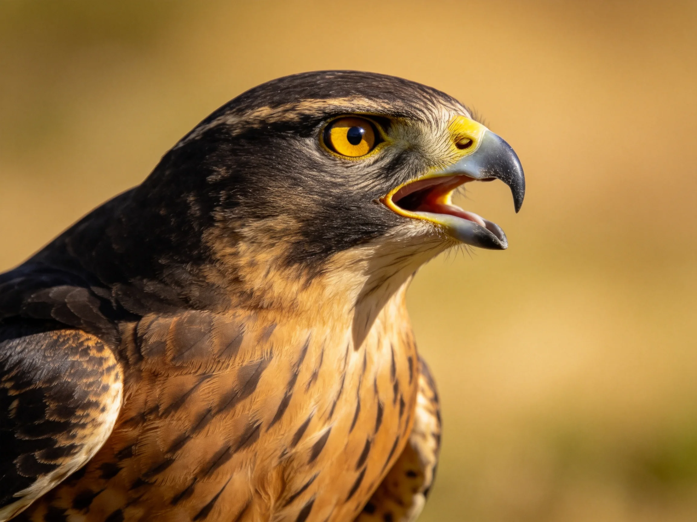 A close - up of a raptor with dark brown plumage and bright yellow eyes