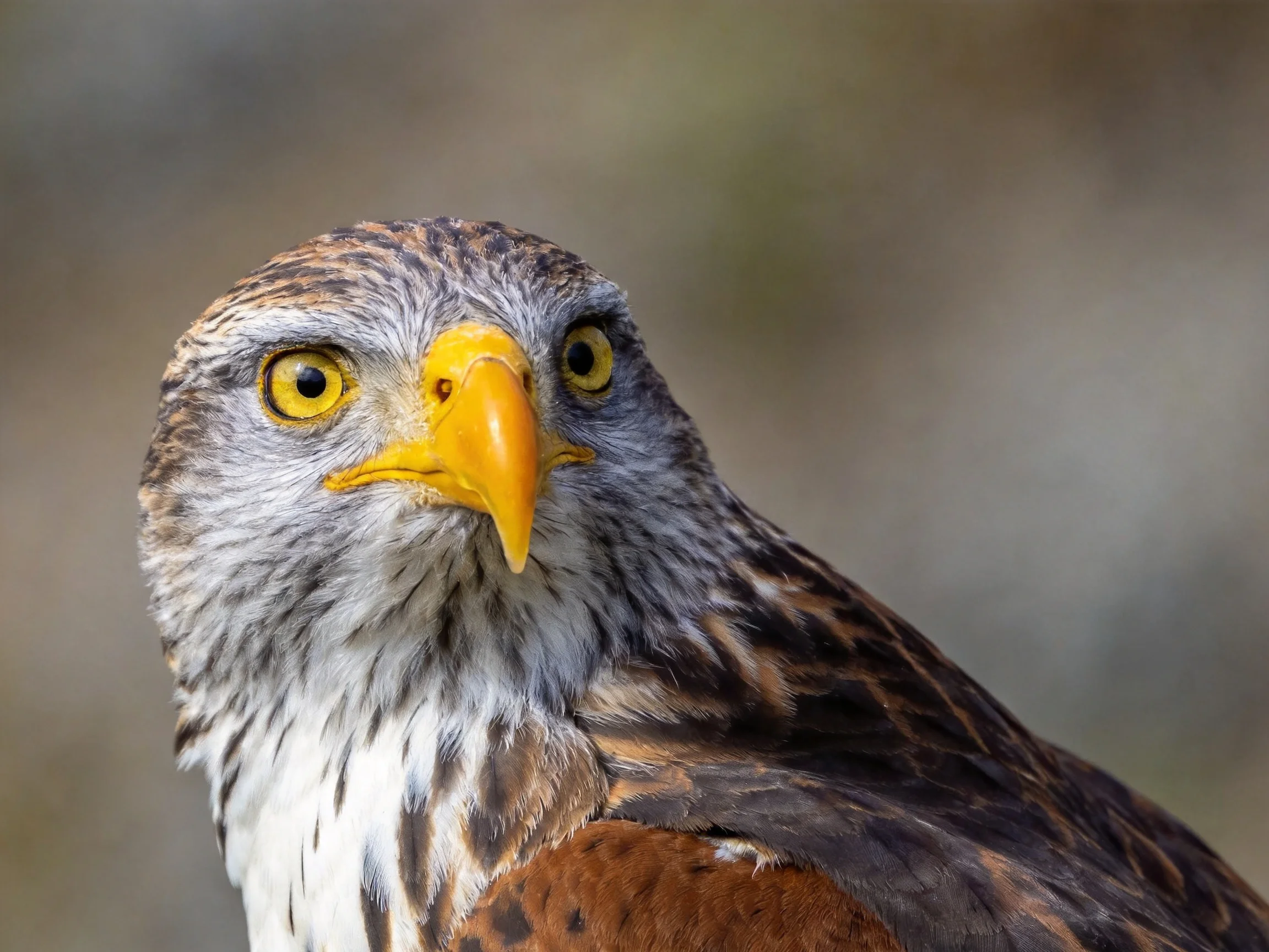 A close - up of a raptor with yellow beak and mottled plumage