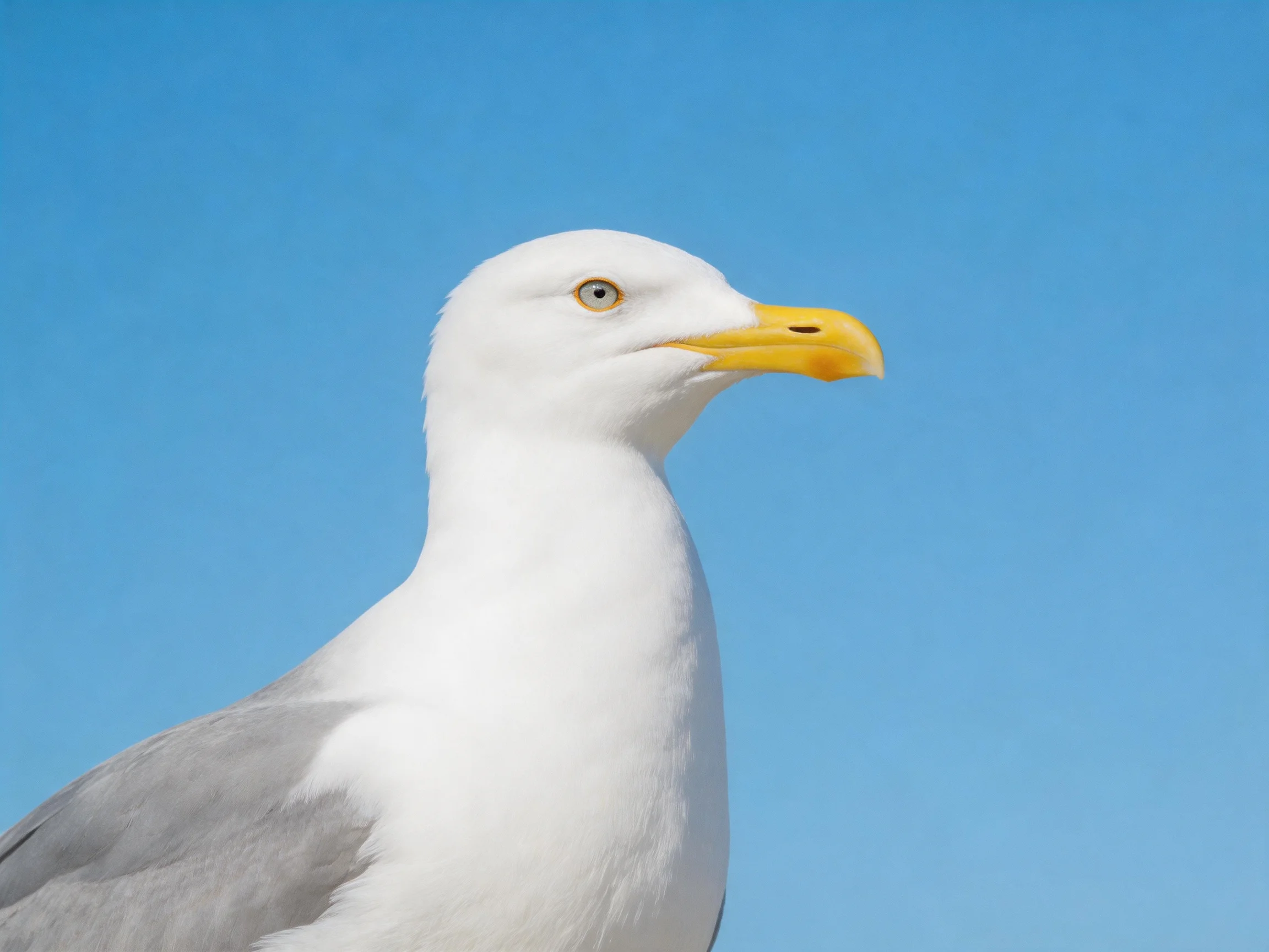 A close - up of a seagull with white feathers, yellow beak, against clear blue sky